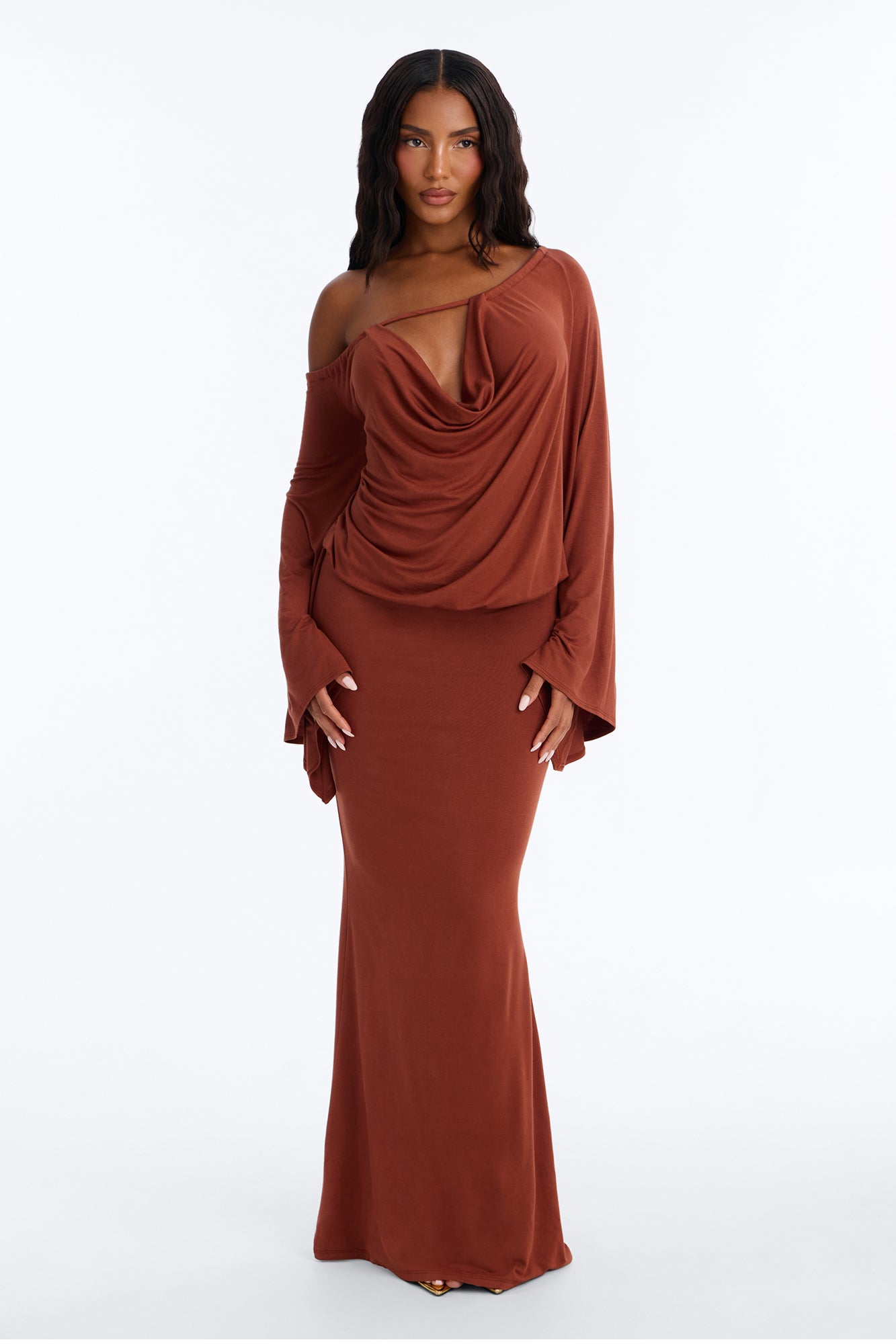 Jaylen Off Shoulder Cowl Maxi Dress - Rust