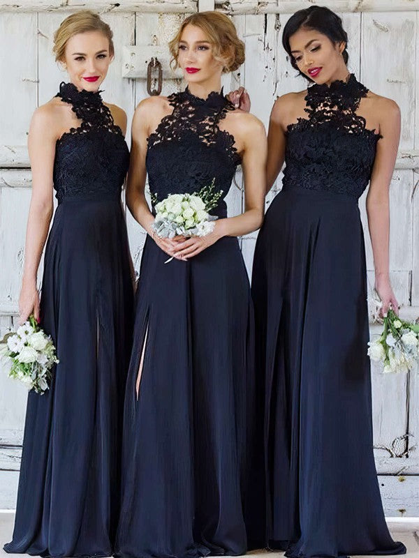Gorgeous Lace Chiffon A-Line High Neck Floor-Length Bridesmaid Dresses with Split