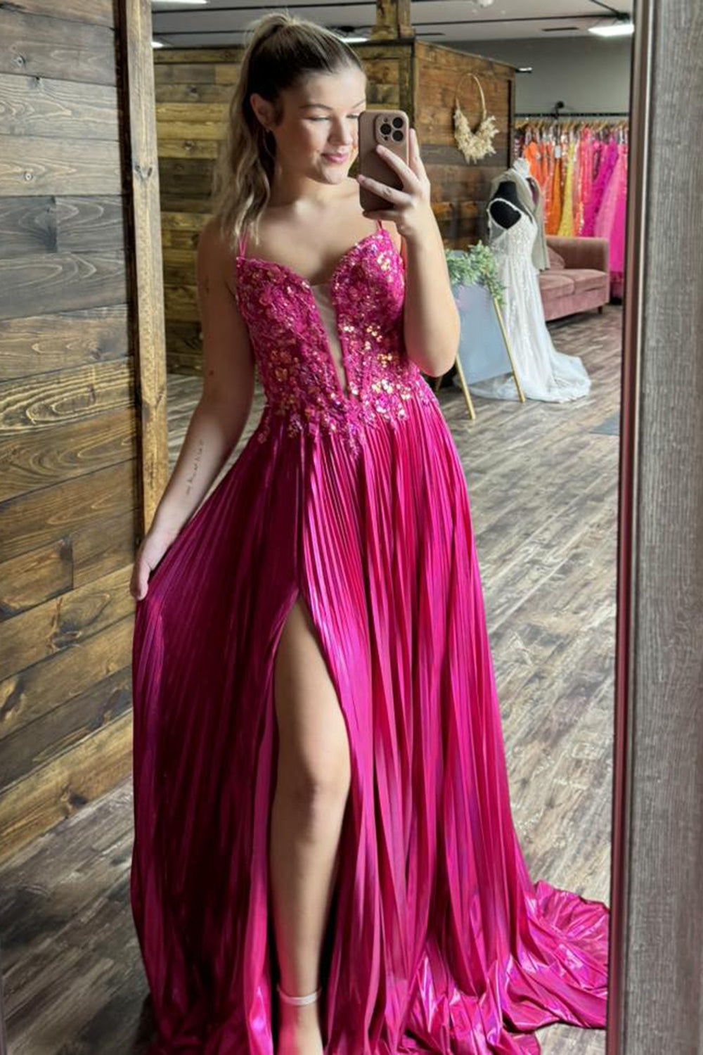 Fuchsia Sparkle Corset Prom Dress with Pleated A-Line Hem and Spaghetti Straps
