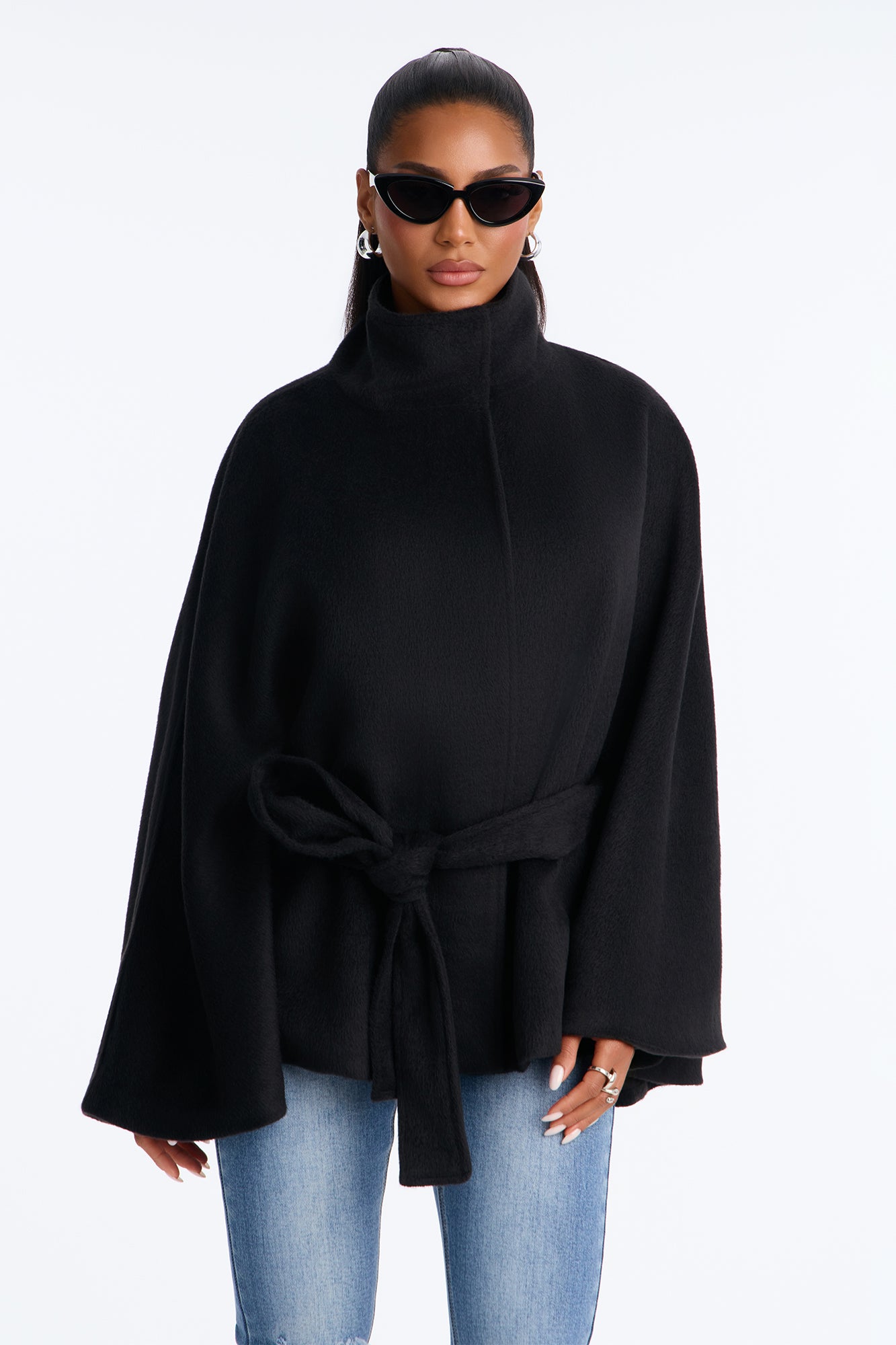 Jessica Wool Blend Funnel Neck Cape Coat - Black