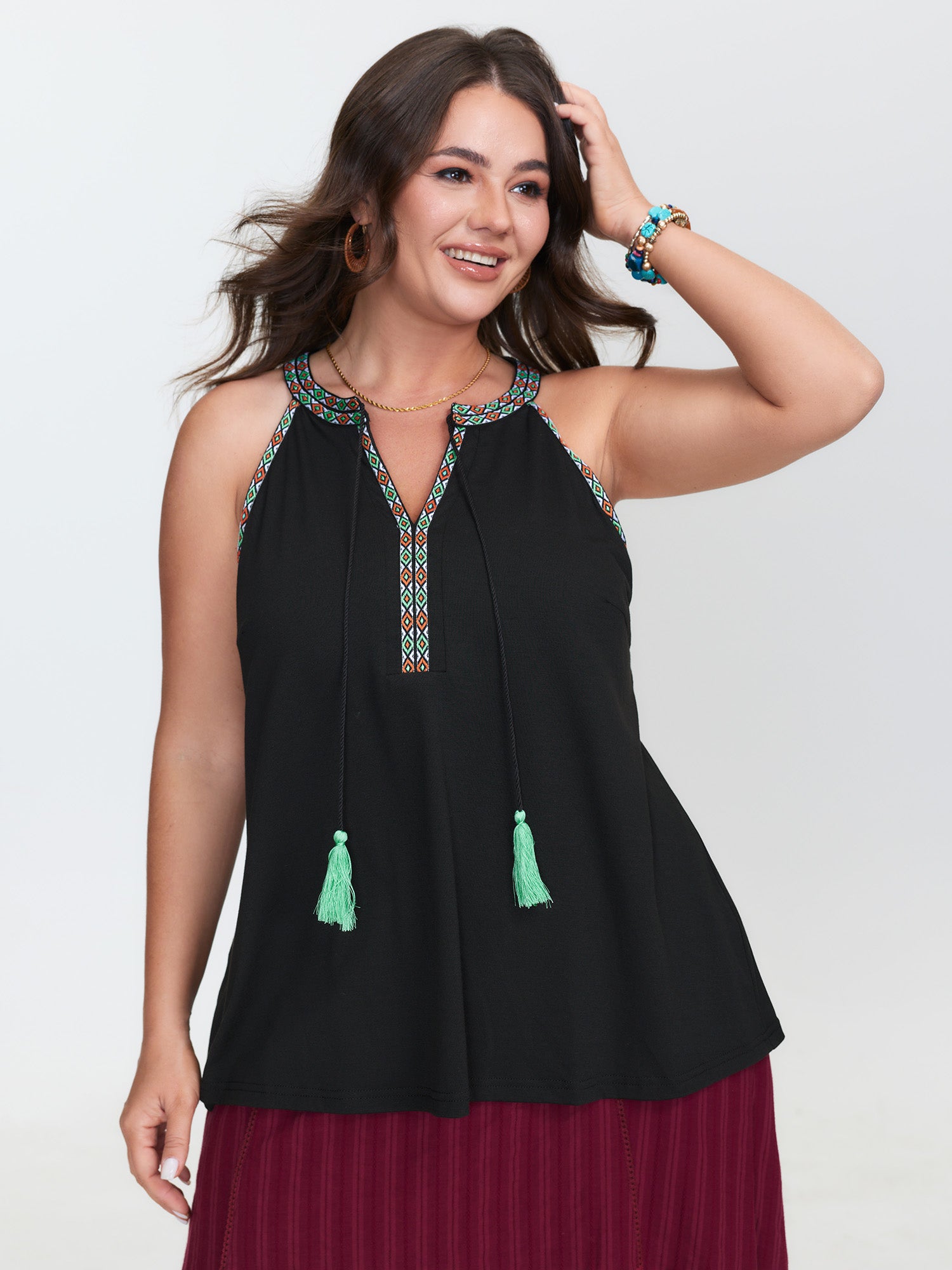 Colorful Tassel Neckline Tank Top