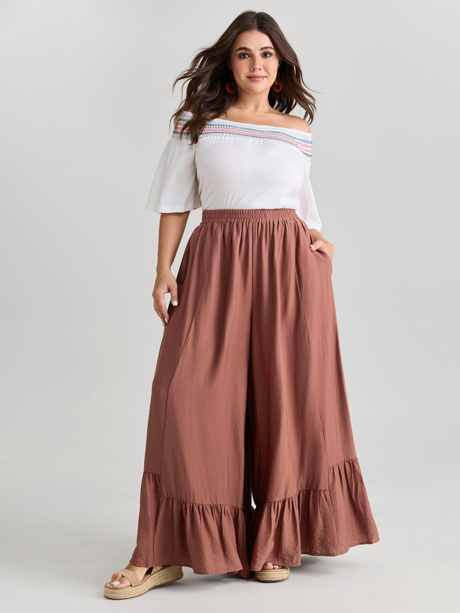 Ruffled Hem Plain Flowy Pants