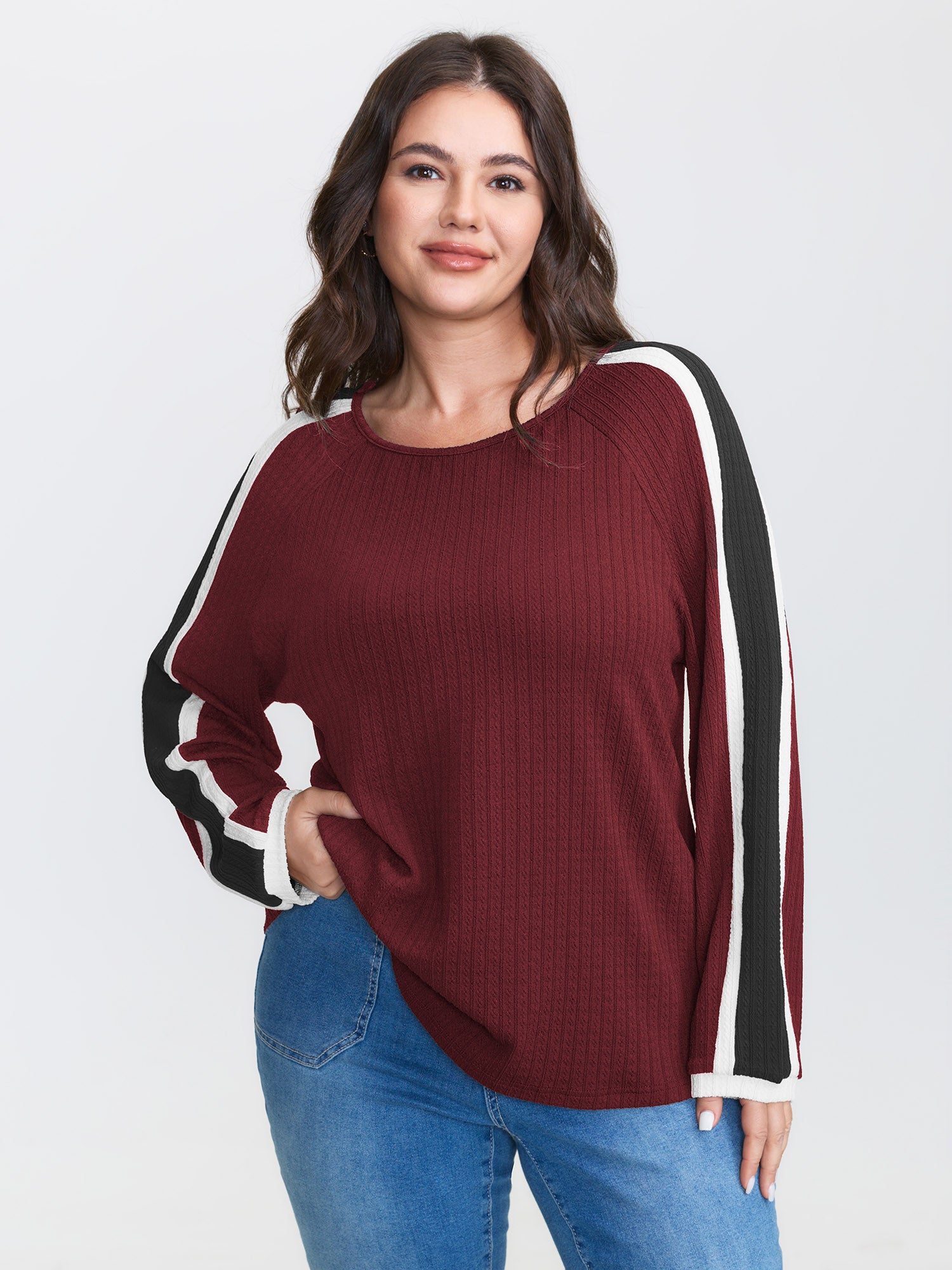 Striped Shoulder Textured Contrast T-Shirt