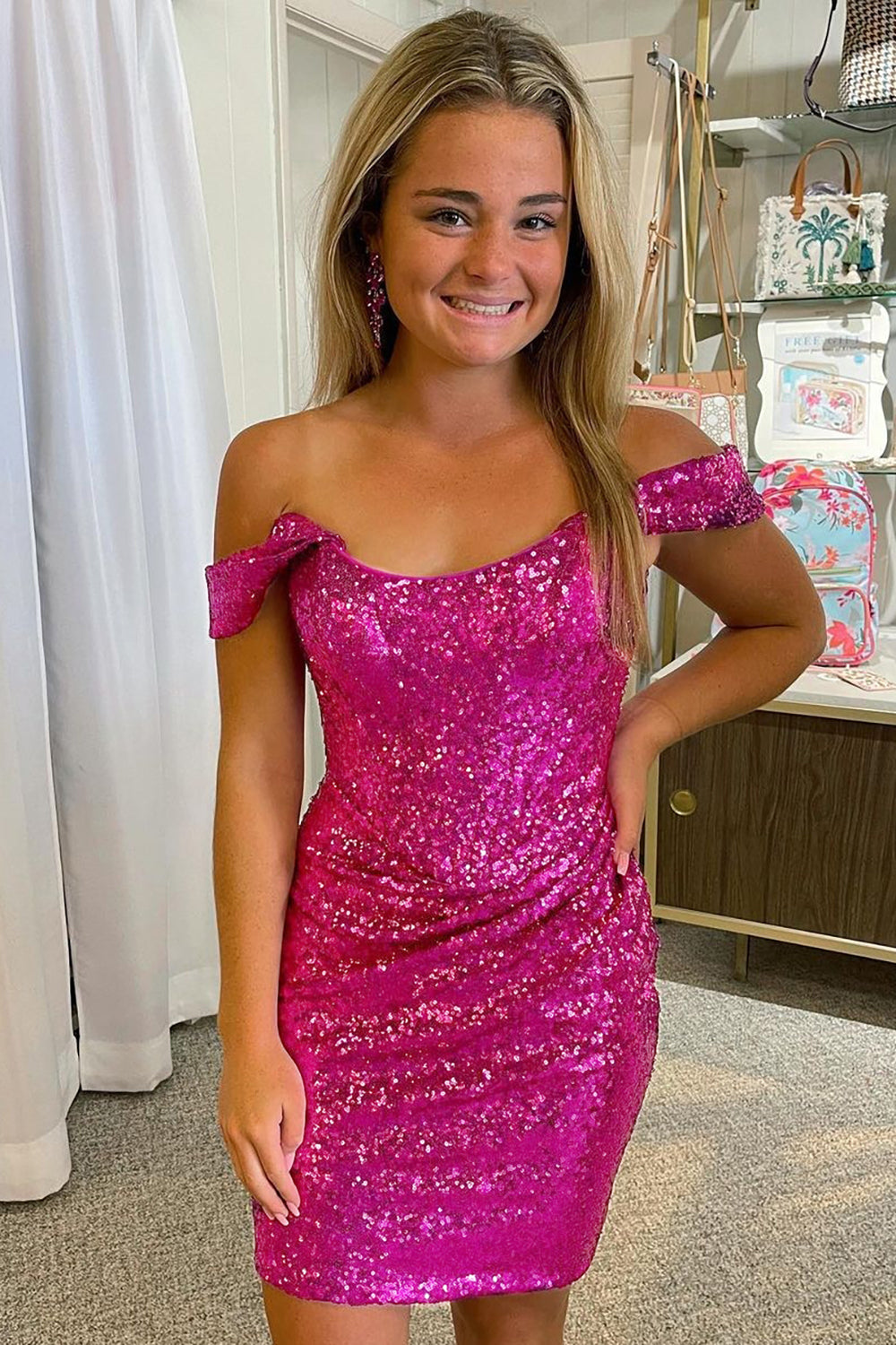 Fuchsia Detachable Off the Shoulder Sequins Tight Homecoming Dress/Mini Dress