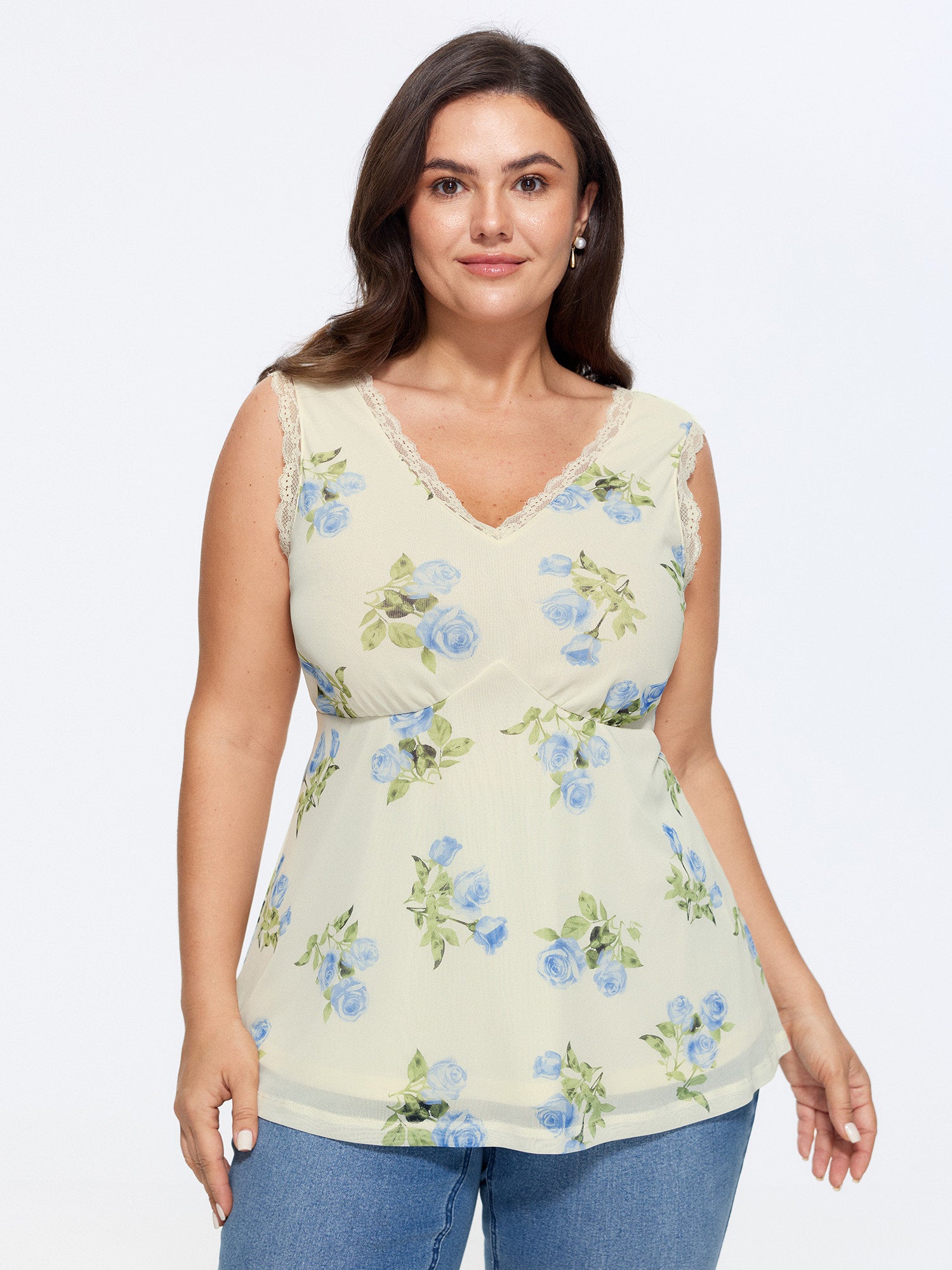 Floral Print Lace Neckline Sleeveless Tank Top