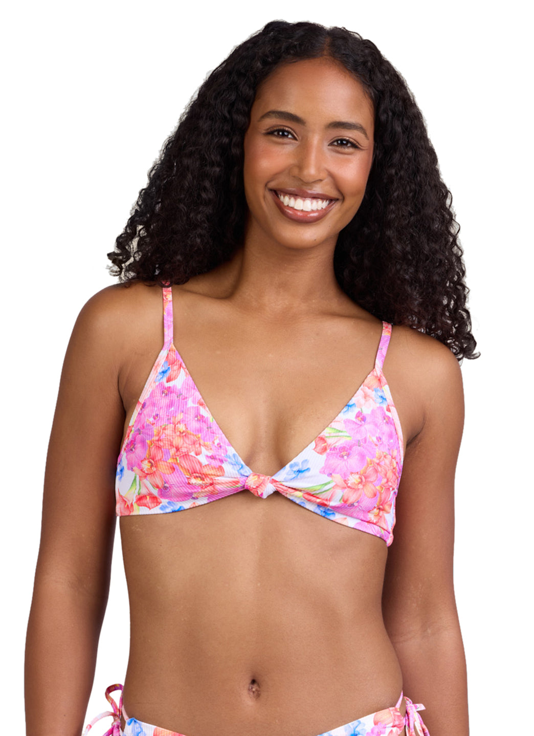 JOLYN Women's Faye Orchids Rib Front Knot Bikini Top