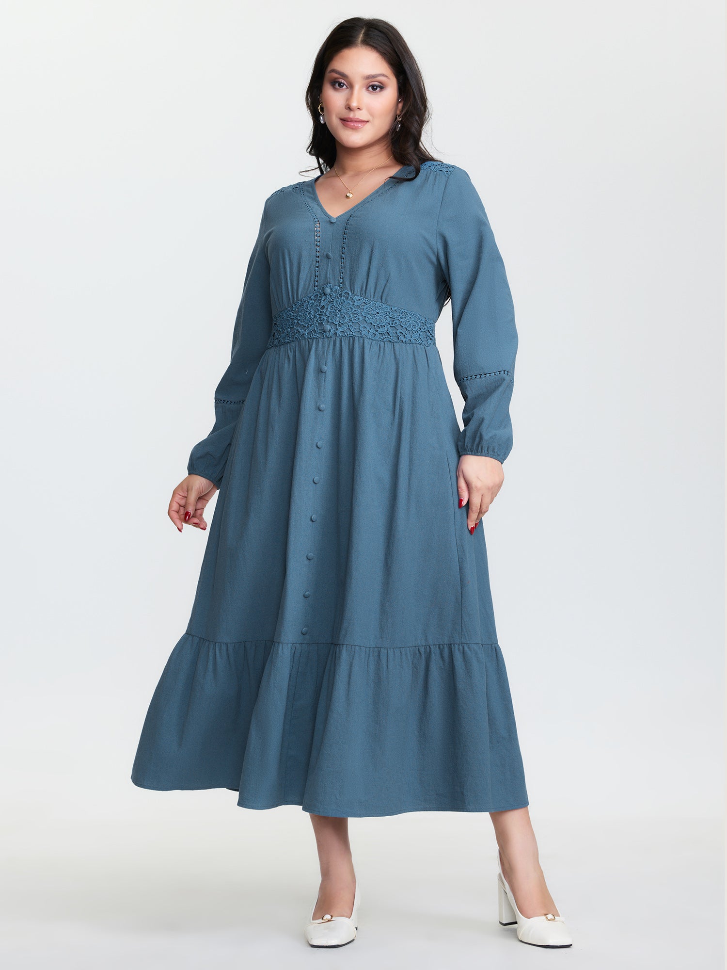 Lace Trim Shirred Pocket Maxi Dress