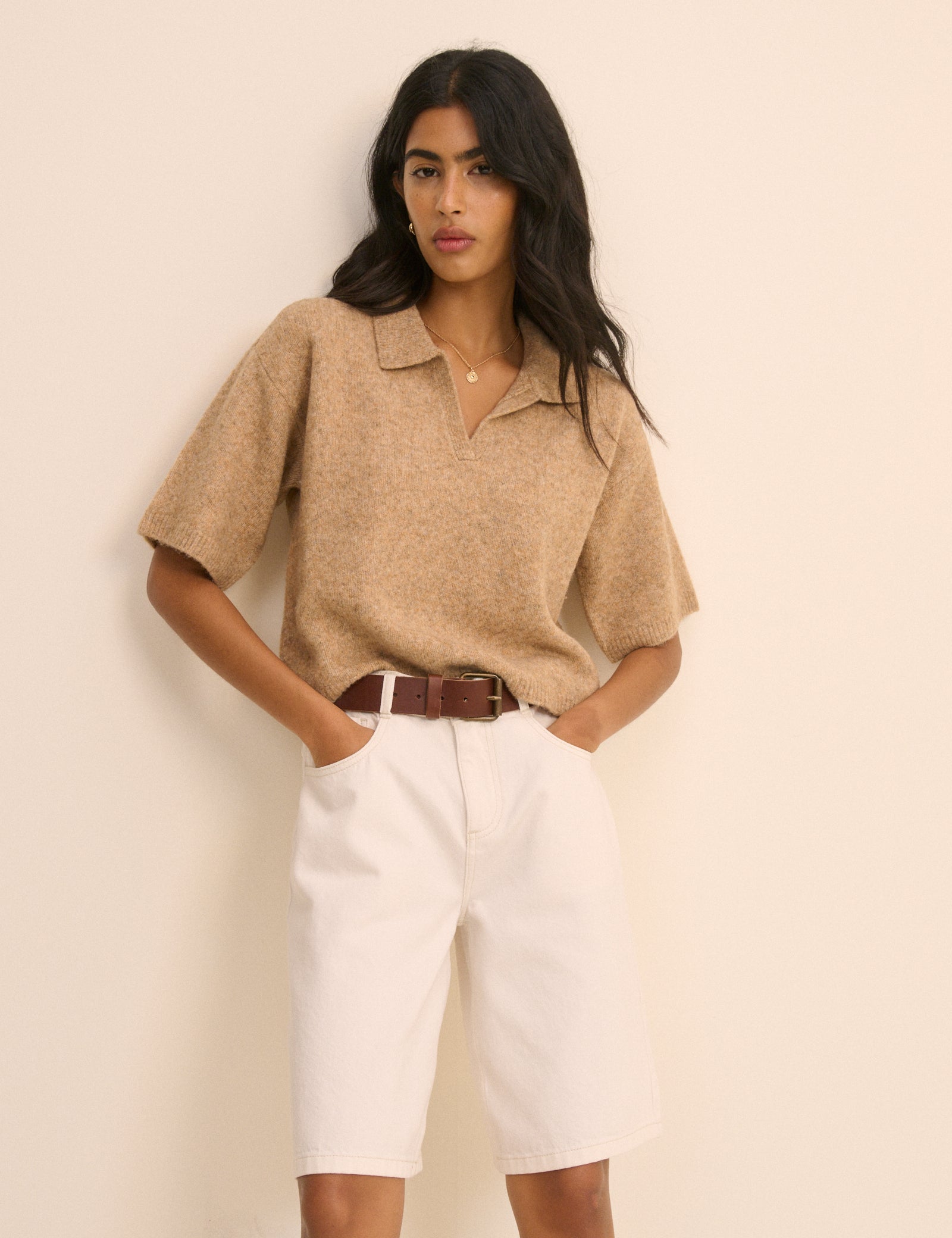 Brown Open Collar Polo Knitted T-Shirt