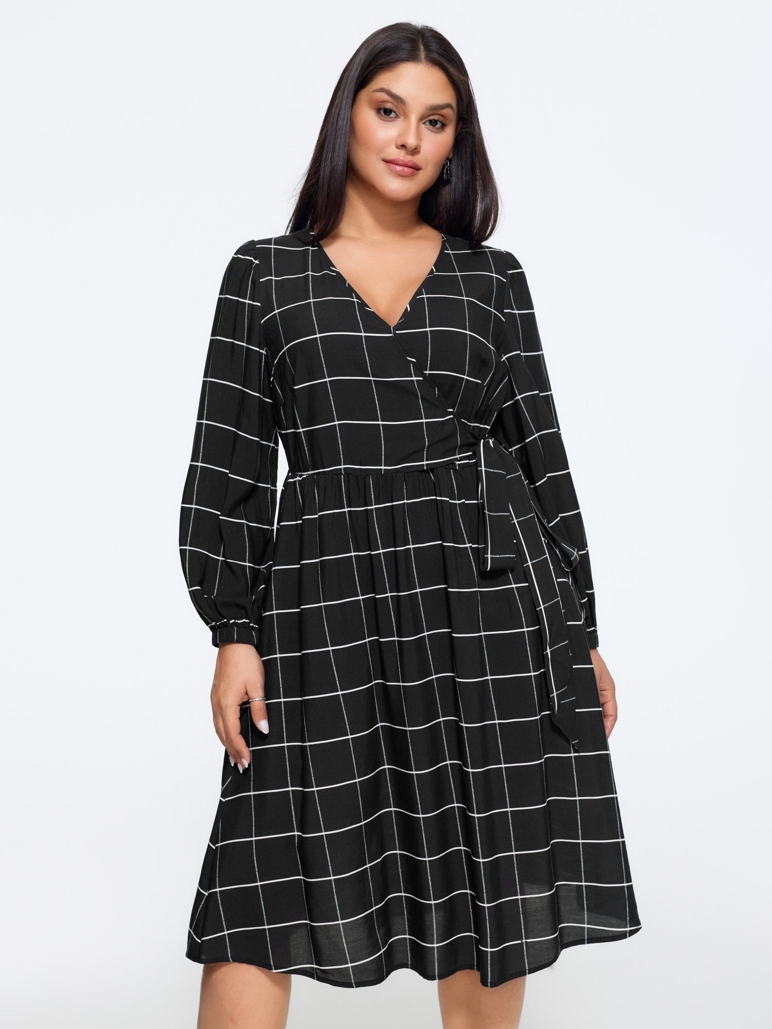 Plaid Wrap Neck Lace-Up Midi Dress