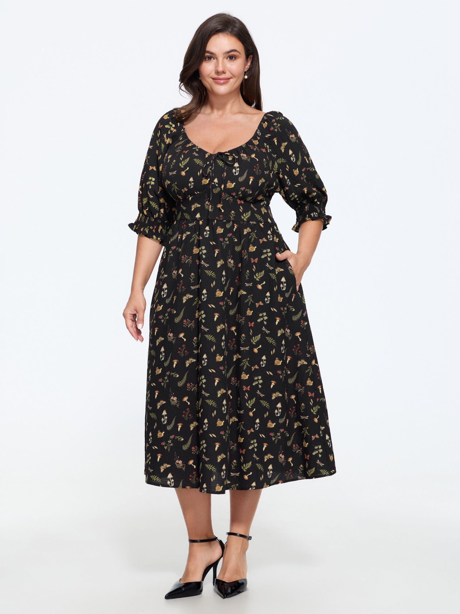 Mushroom Print Square Neck Puff Sleeve Midi Dress