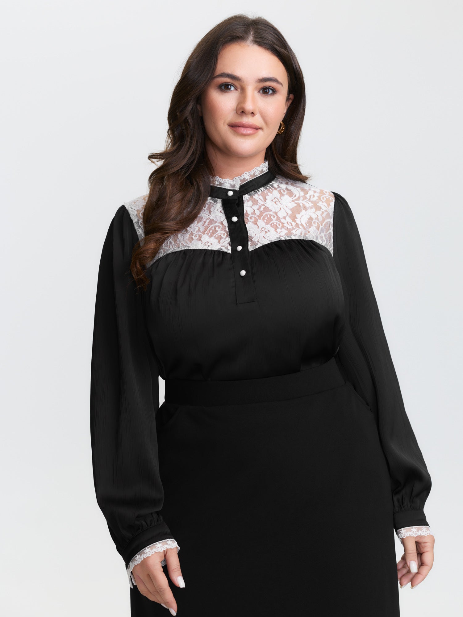 Lace Trim Mock Neck Button Blouse