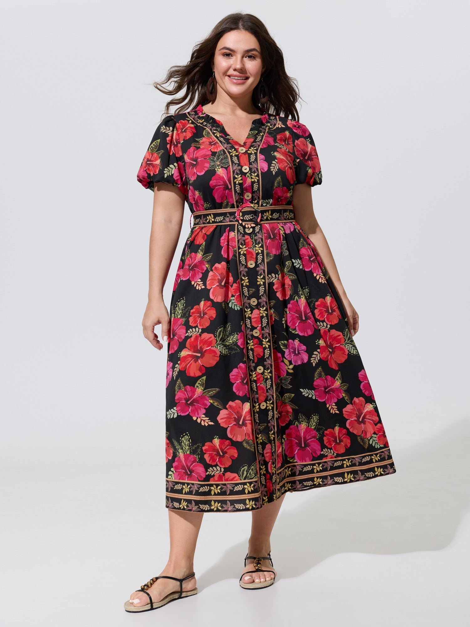 Floral Print Button Front Belted Midi Dress