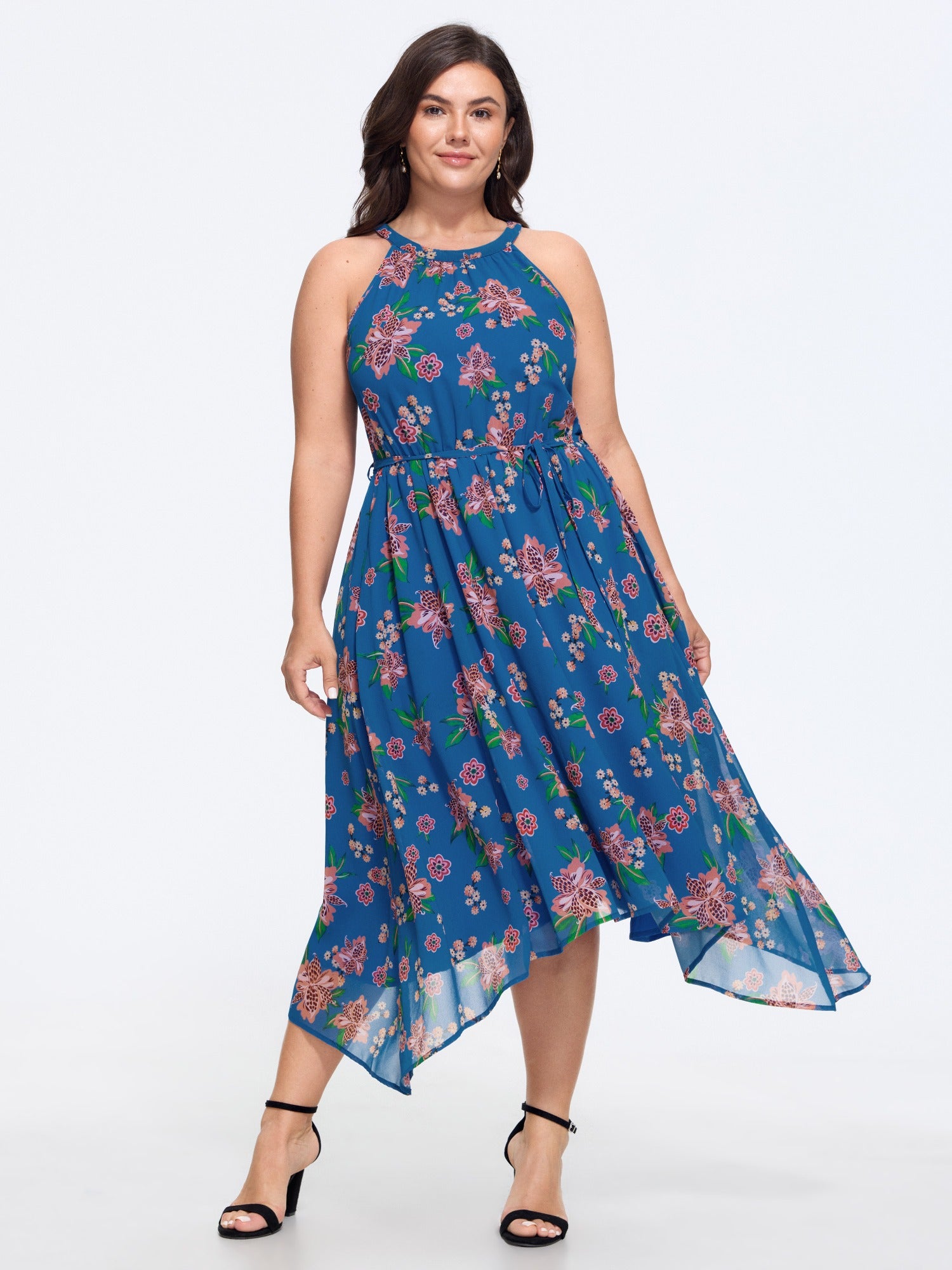 Floral Print Halter High Low Hem Midi Dress