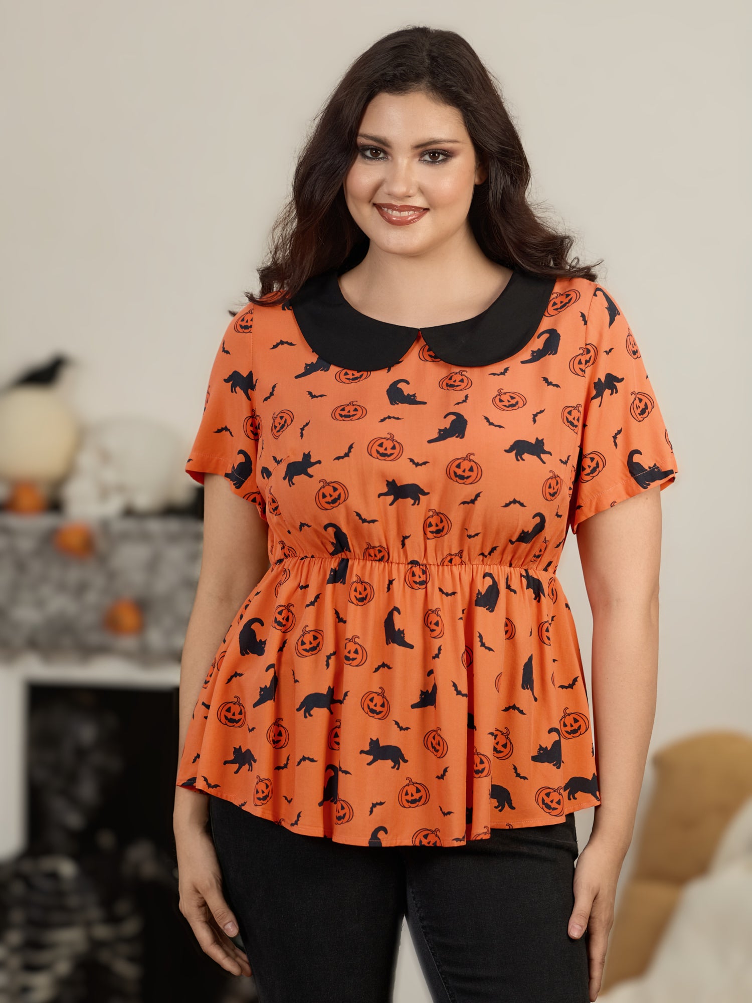 Halloween Pumpkin Bat Cat Print Peplum Blouse