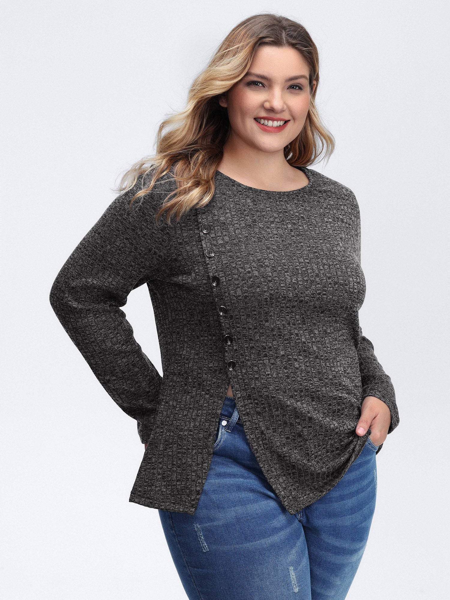 Stretchy Side Button Detail Slit T-Shirt