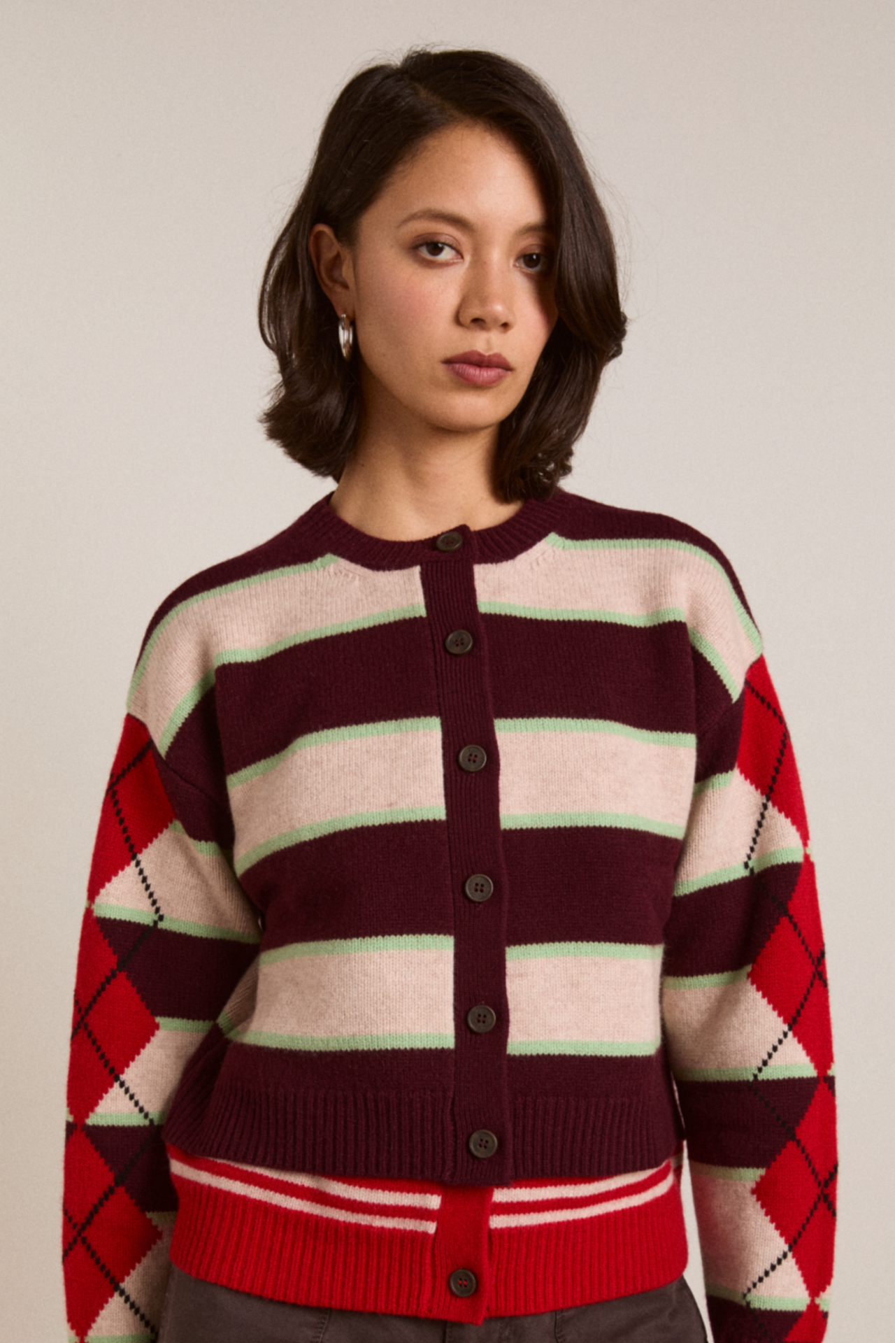 Didi Merino Wool Double Cardigan - Burg Argyle & Stripe