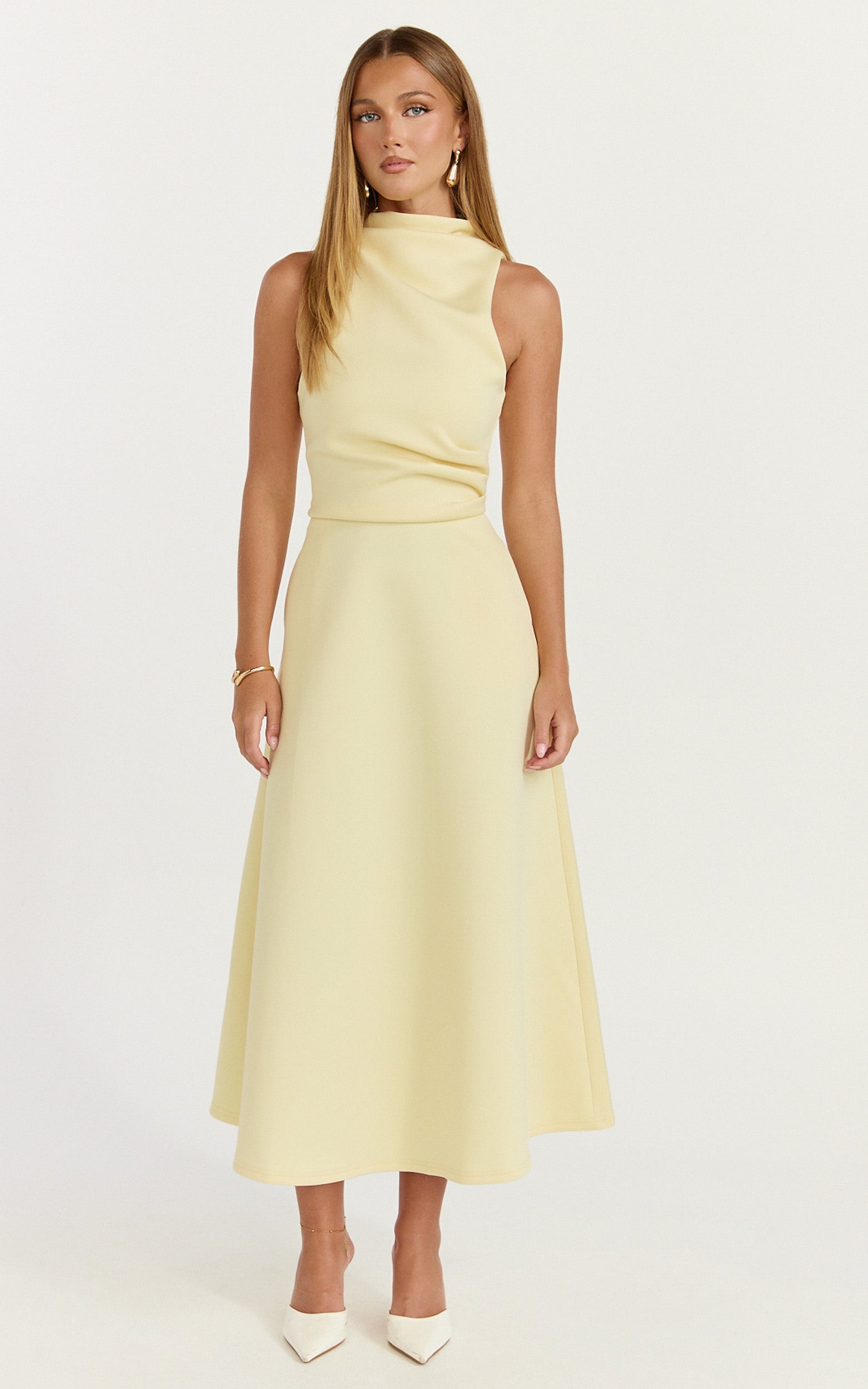 Macy Midi Dress - High Neck A Line Dress in Lemon