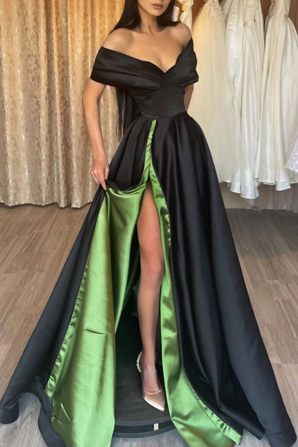 Long Black Green Prom Dress with Off-the-Shoulder A-Line and Front Split