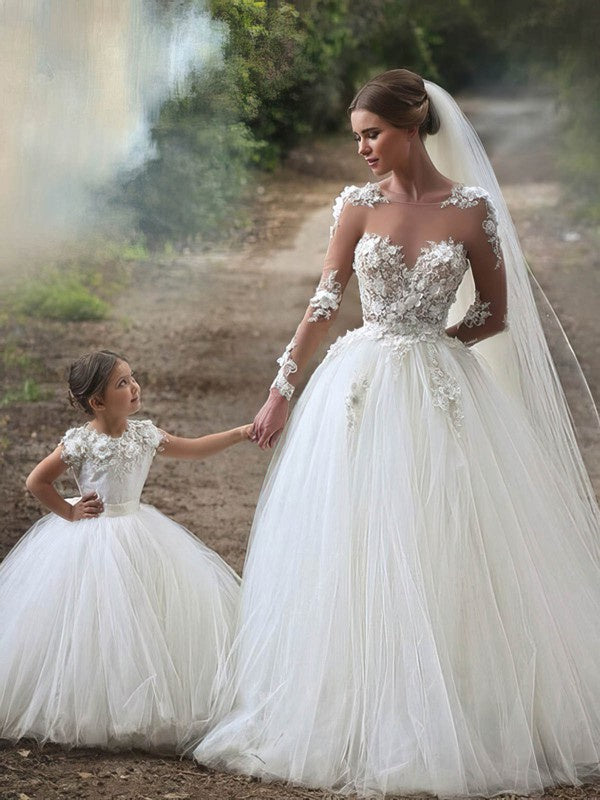 Fashionable Chapel Train Ball Gown Jewel Long Sleeves Tulle Wedding Dresses
