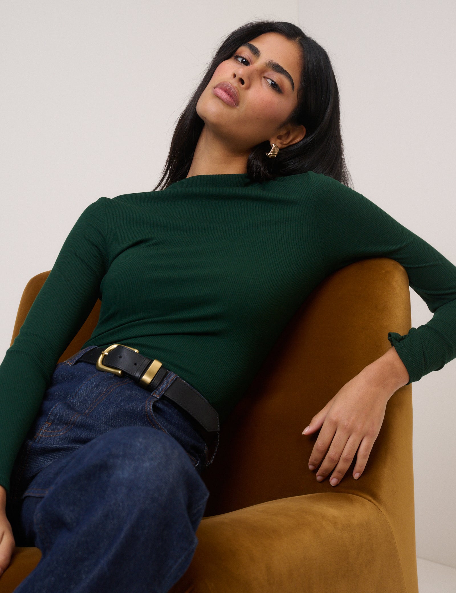 Forest Green Ribbed High Neck Long Sleeve Top