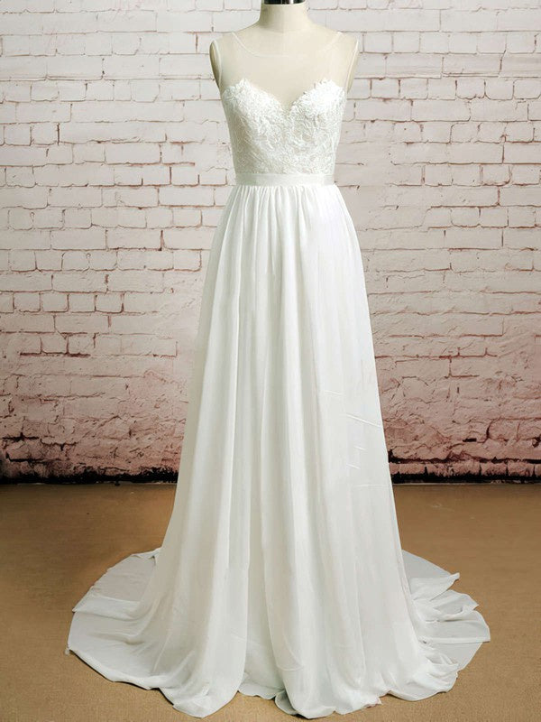 Stylish A-Line Sleeveless Chiffon Sweep Train Wedding Dresses with Ribbon