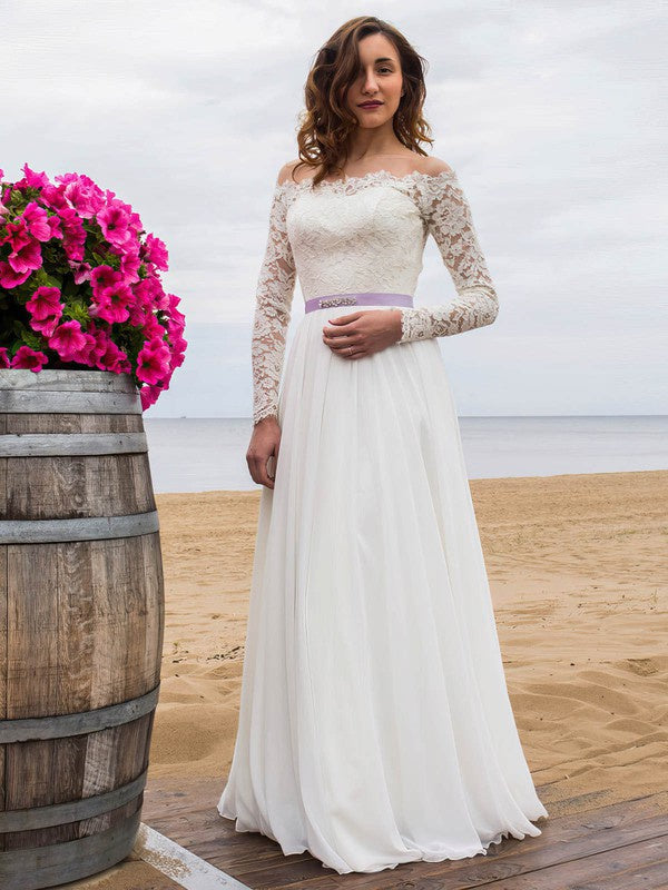 Elegant Floor-Length A-Line Off-The-Shoulder Long Sleeves Lace Chiffon Wedding Dresses with Sash
