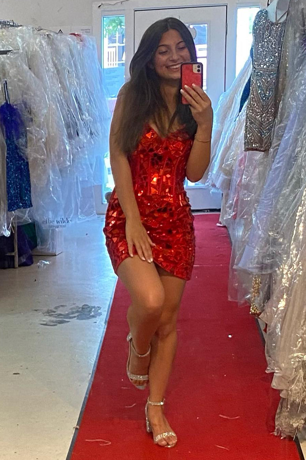 Glitter Mirror Red Corset Tight Short Homecoming Dress/Mini Dress