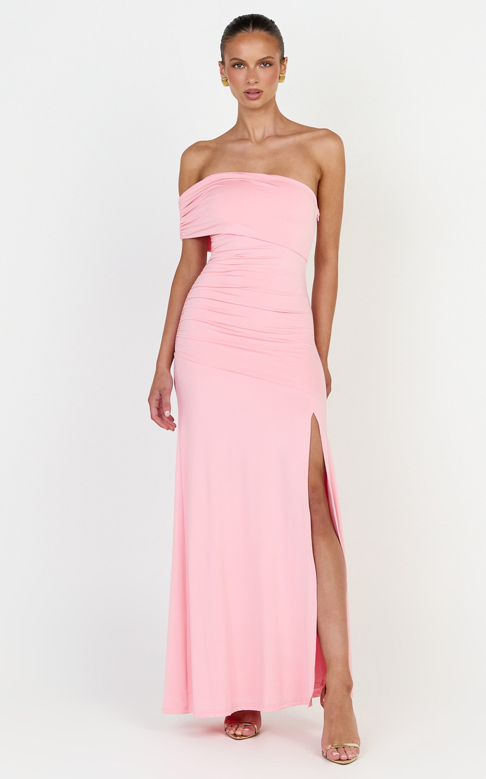 Opal Maxi Dress - Off Shoulder Gathered Bodice Fit And Flare Dress in Pink