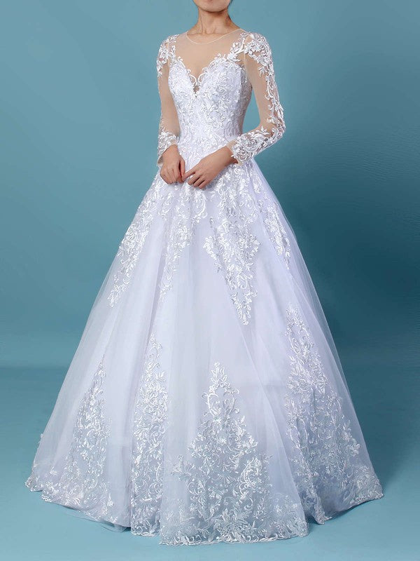 Gorgeous Ball Gown Jewel Long Sleeves Tulle Lace Sweep Train Wedding Dresses with Appliques