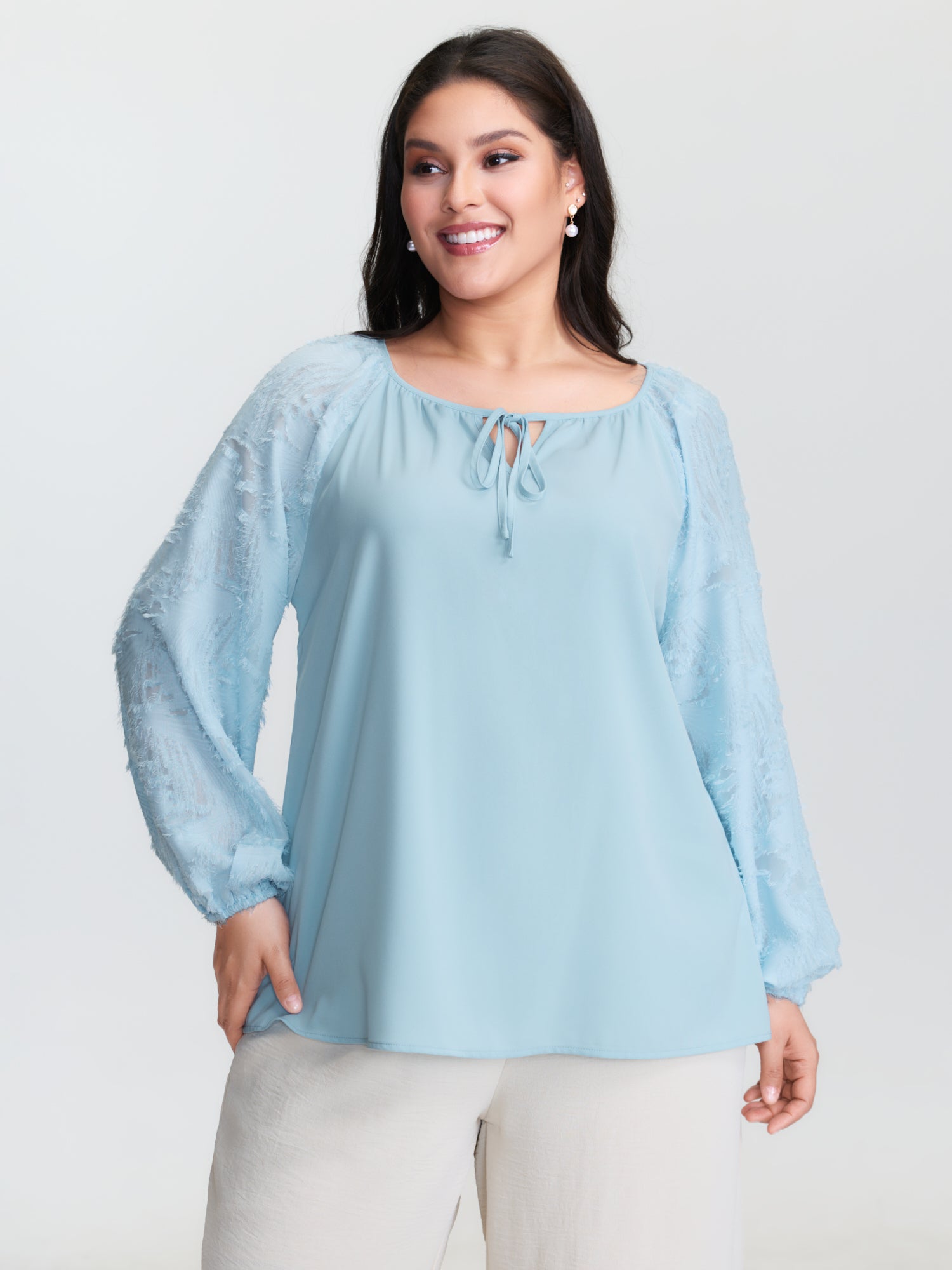 Pleated Drawstring Neckline Plain Blouse