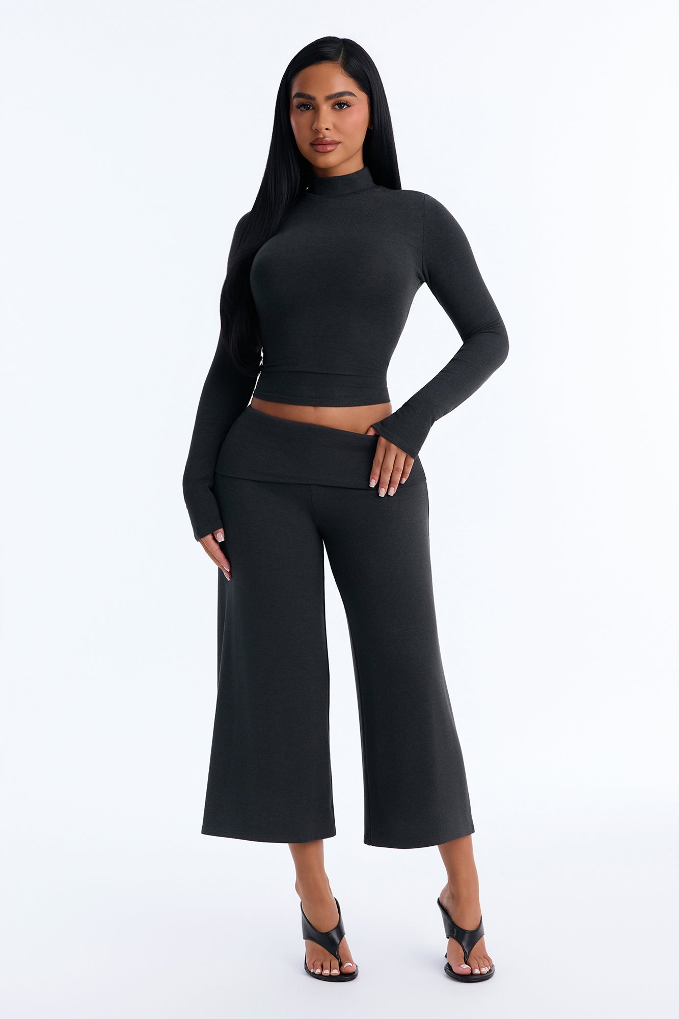 Walk And Talk Long Sleeve Gaucho Pant Set - Charcoal