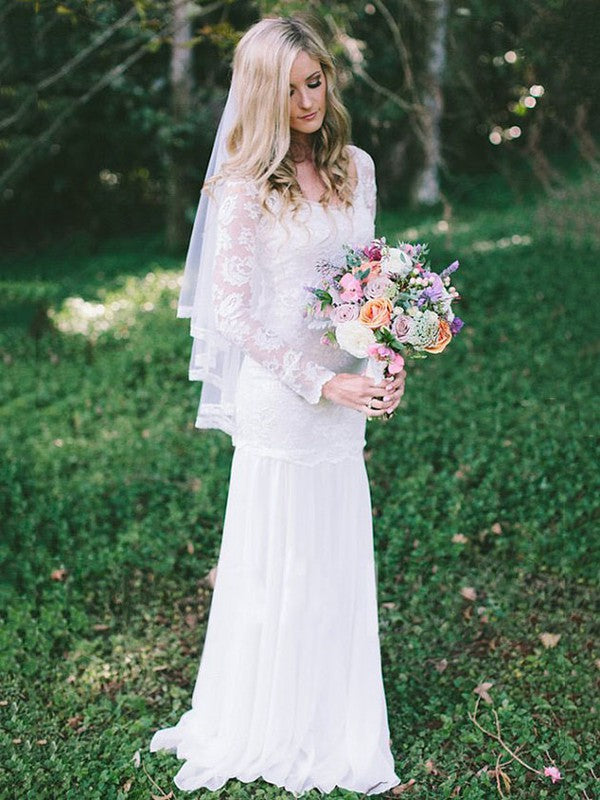 Charming Scoop Neck Column Long Sleeves Lace Chiffon Sweep Train Wedding Dresses
