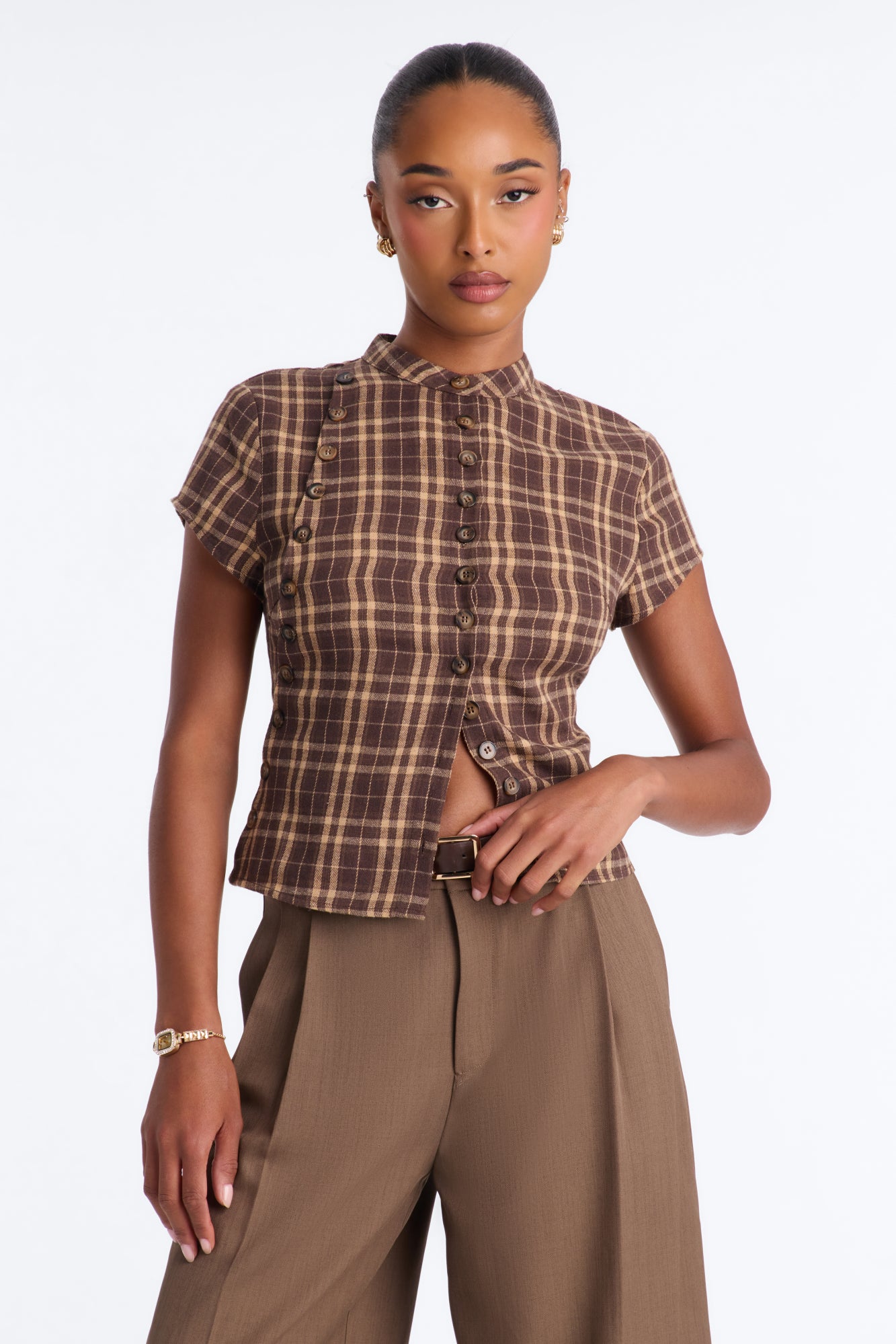 Autumn Haven Plaid Short Sleeve Blouse - Brown/combo