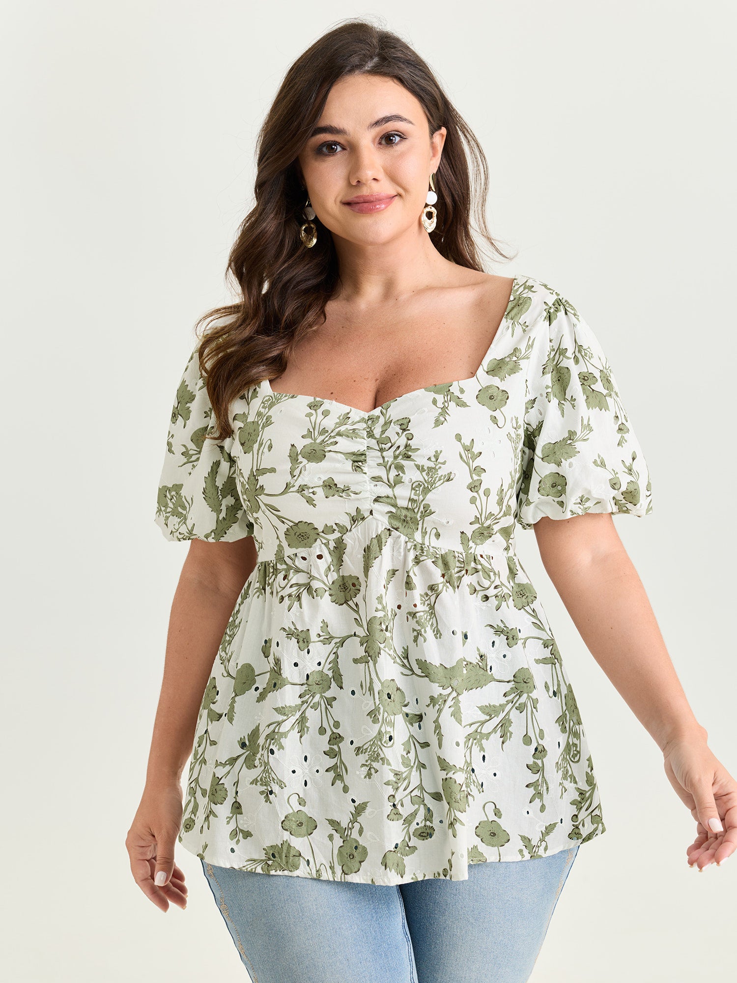 Cotton Floral Print Ruched Bubble Sleeve Blouse