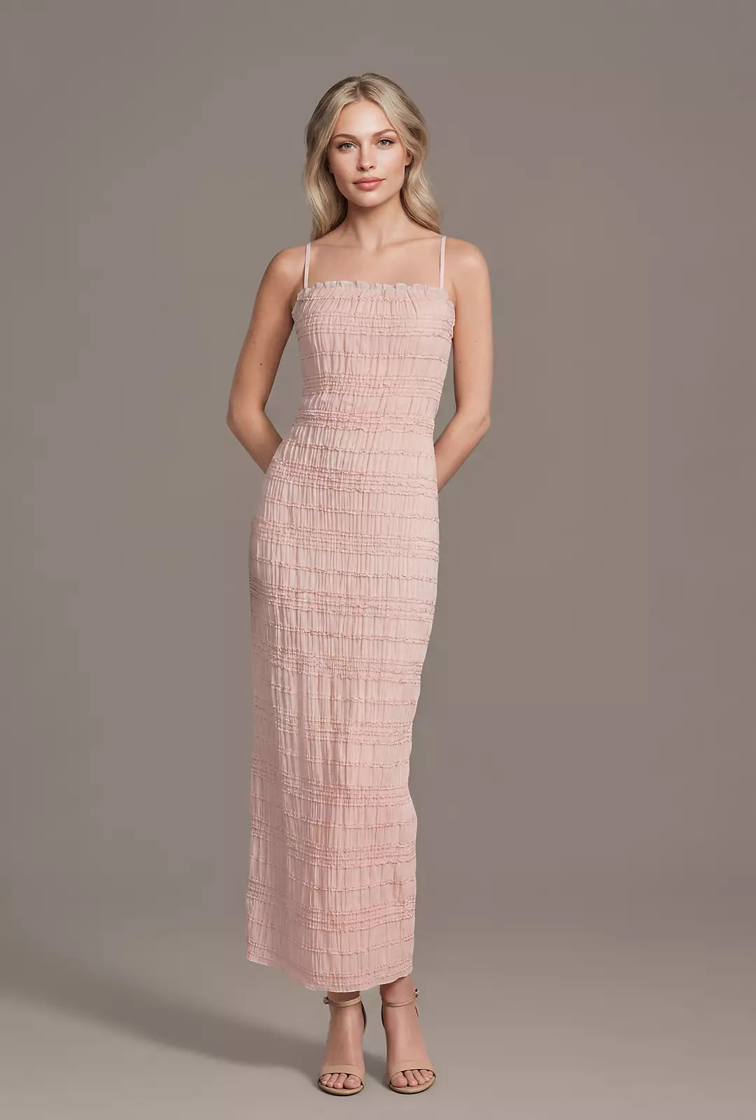 Micro Ruffle Ankle-Length Spaghetti Strap Sheath