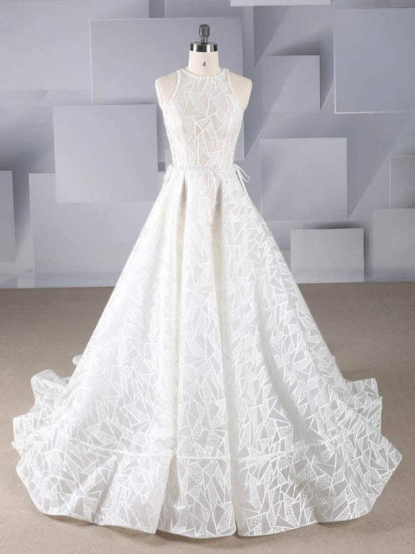 Fabulous Sleeveless Jewel Neck A-Line Lace Court Train Wedding Dresses