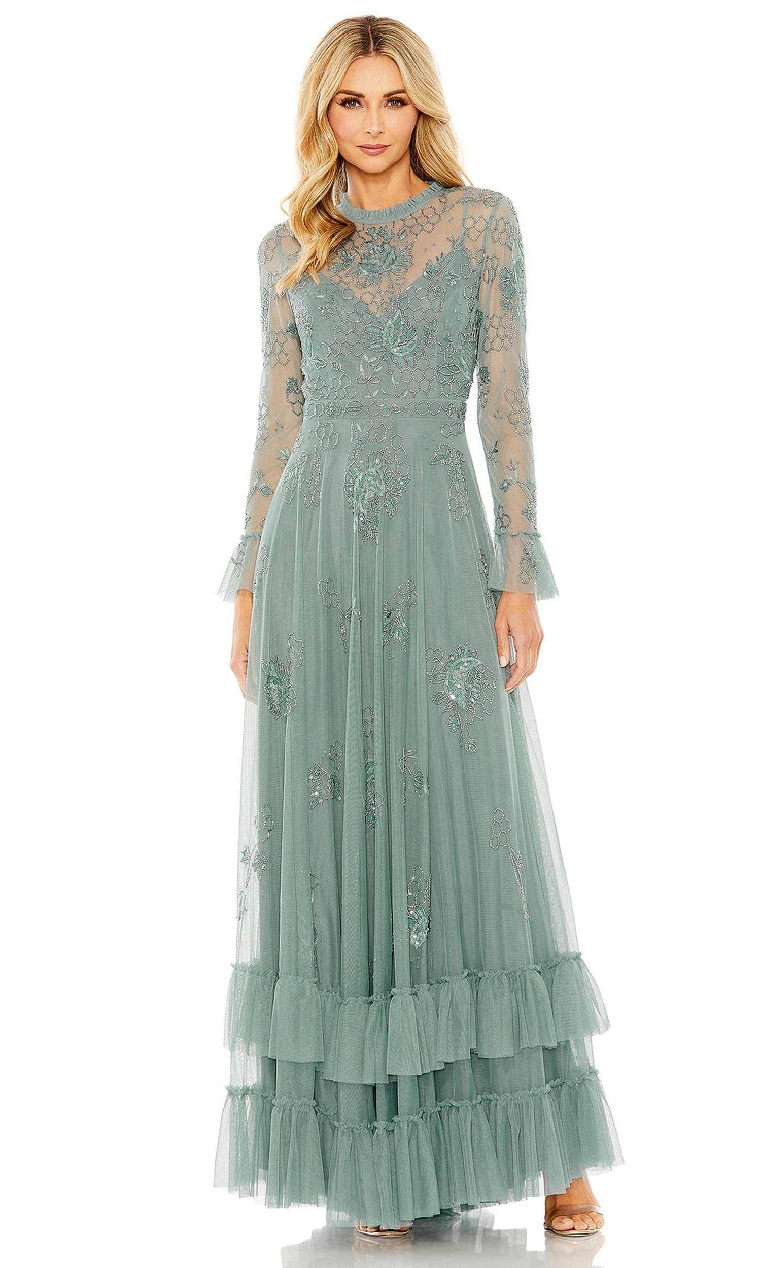 Mac Duggal 9249 - Ruffled High Neck Beaded Evening Gown