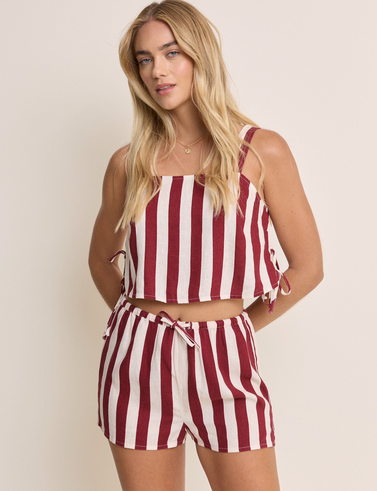 Burgundy Striped Linen-Rich Shorts