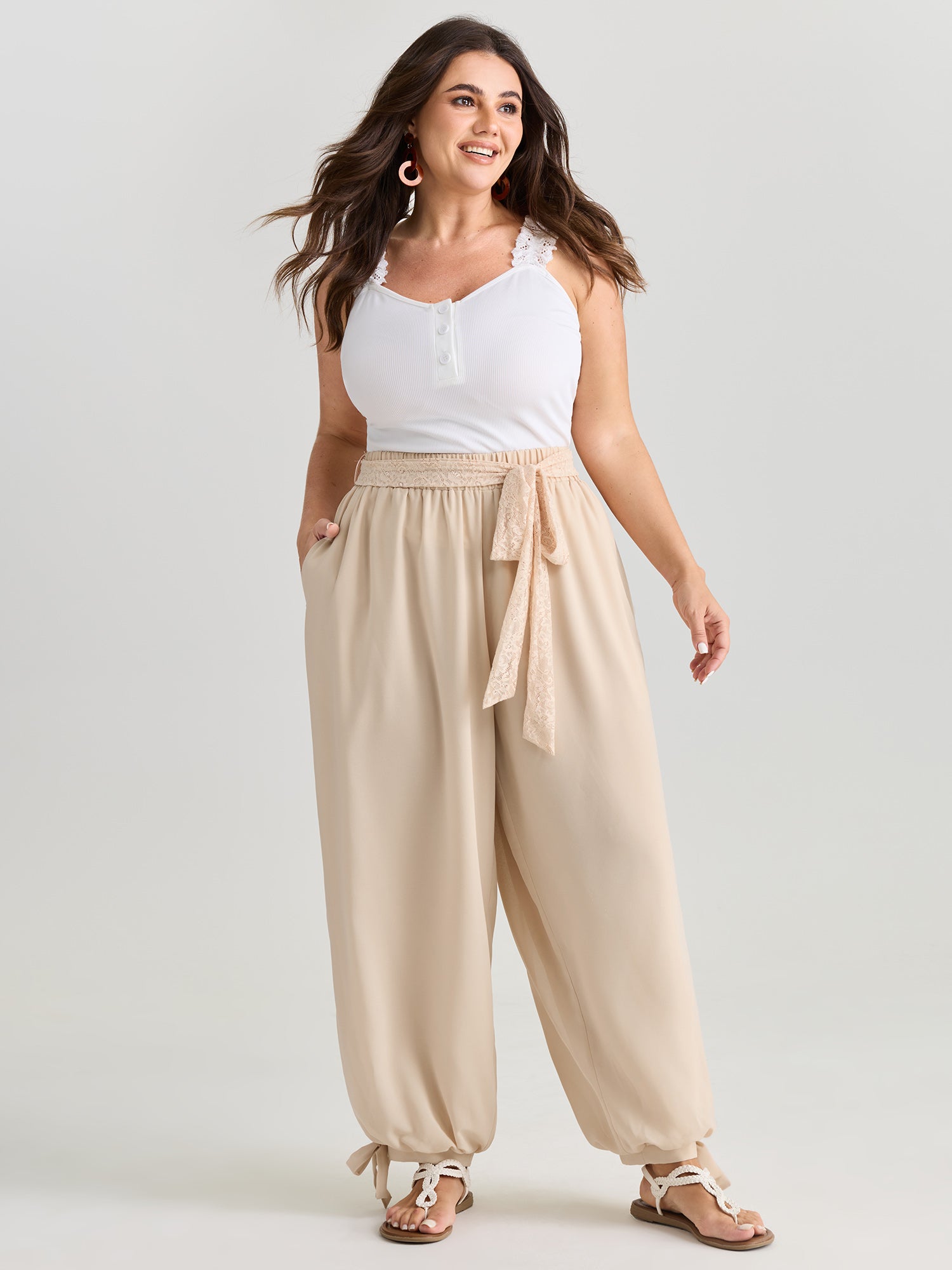 Lace Waist-Tie Cuffed Hem Pants