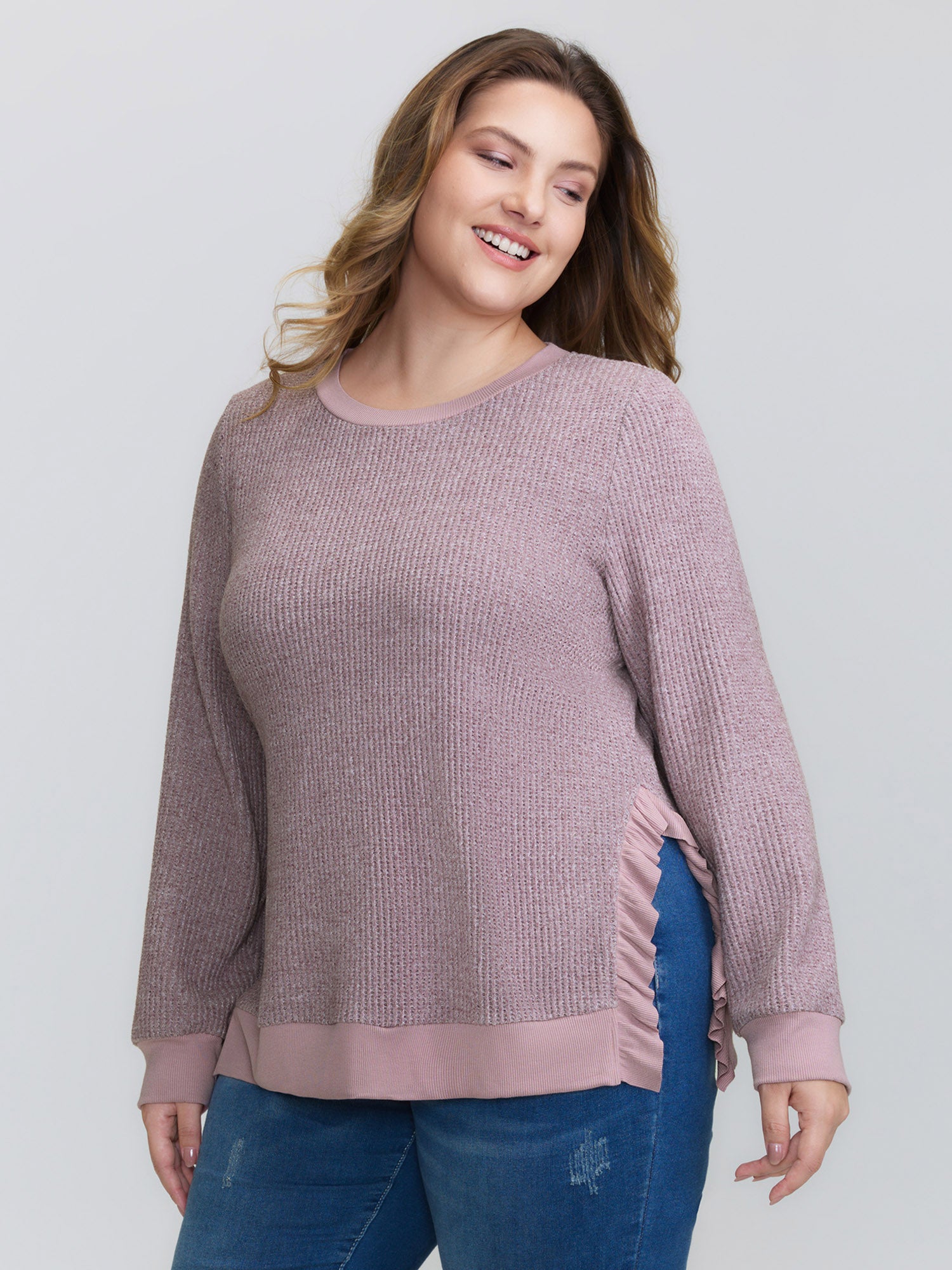 Textured Round Neck Ribbed Hem Sweatshirt