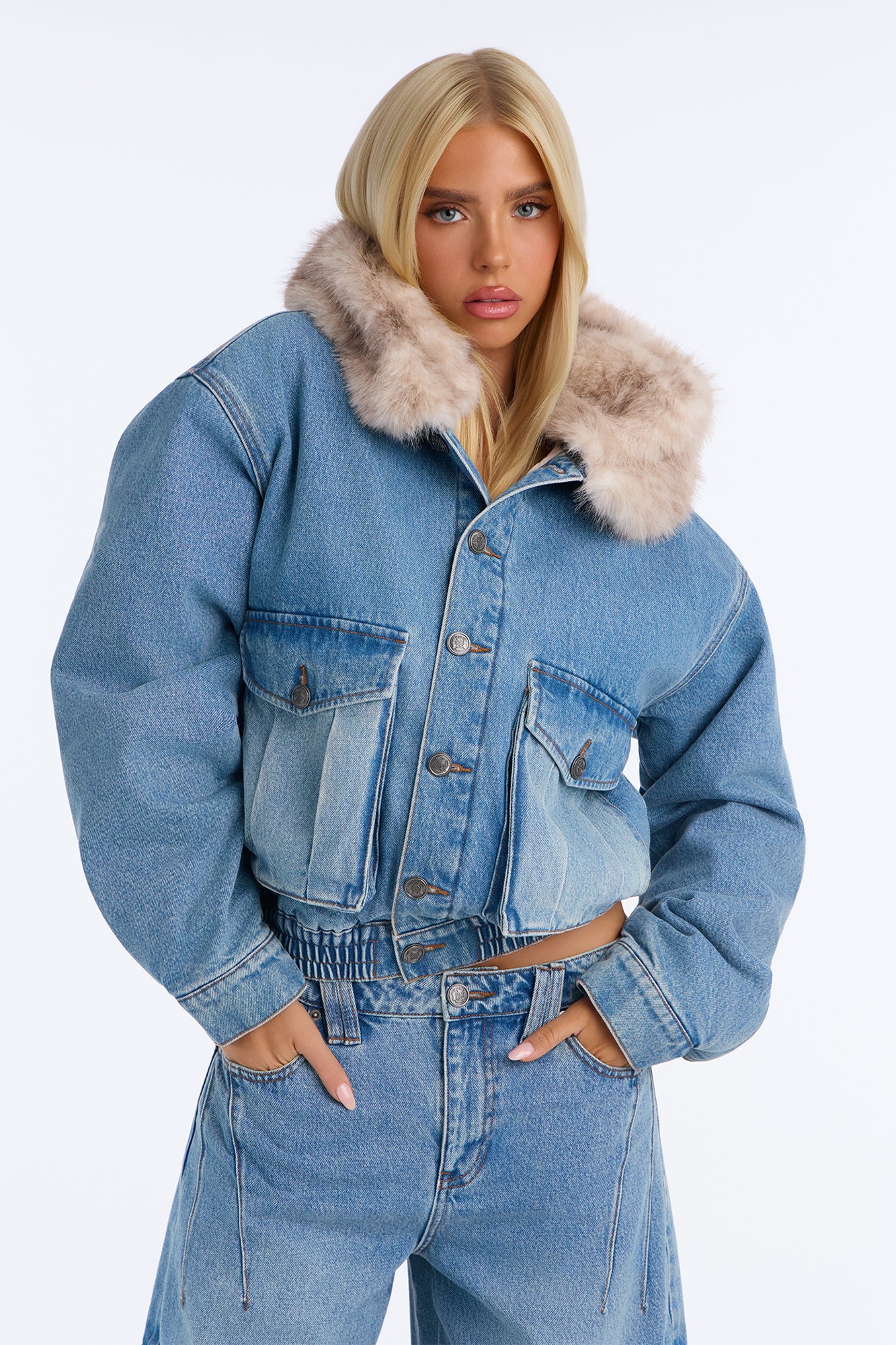 Ice Breaker Faux Fur Hood Quilted Denim Jacket - Medium Wash