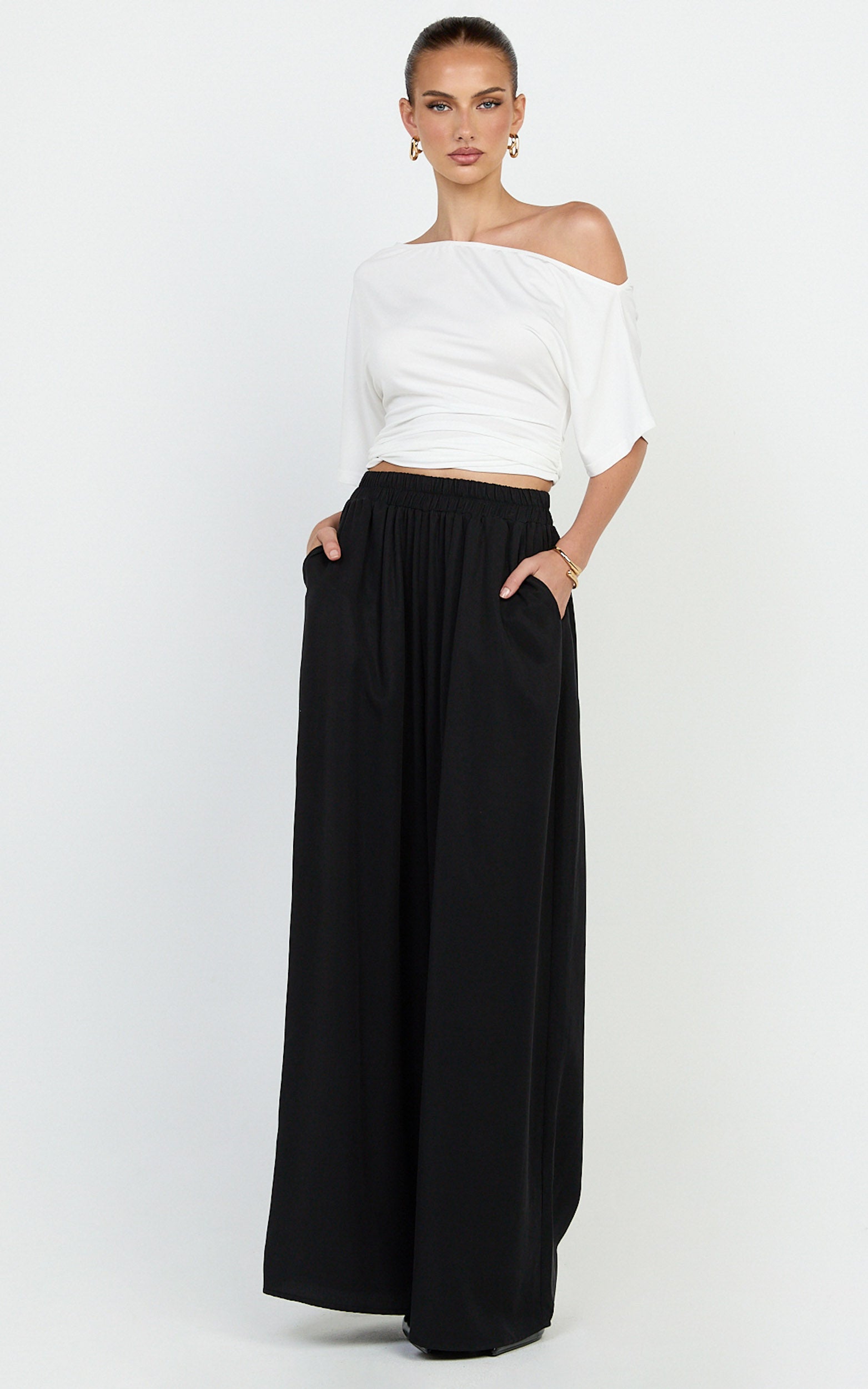 Cardi Pants - High Waist Elastic Wide Leg Pants in Black