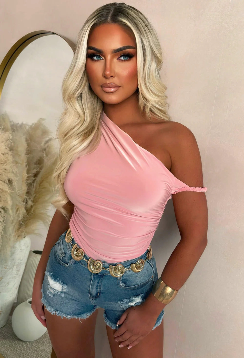 Let Me Go Light Pink One Shoulder Twist Stretch Top