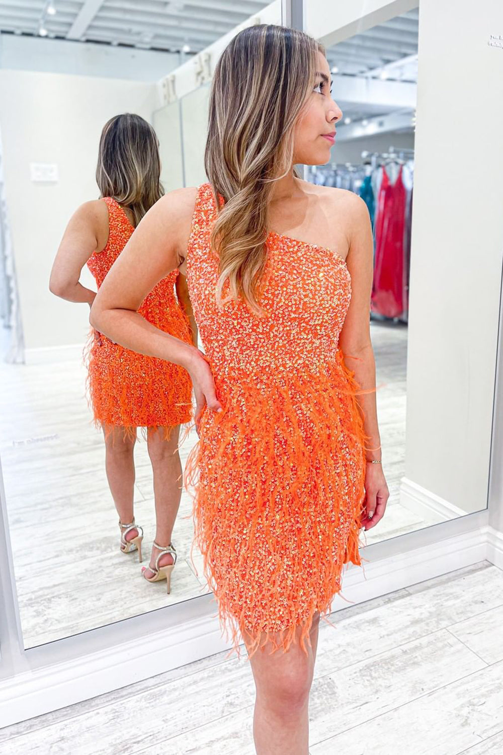 Sparkly Orange One Shoulder Sequins Tight Homecoming Dress/Mini Dress with Feathers