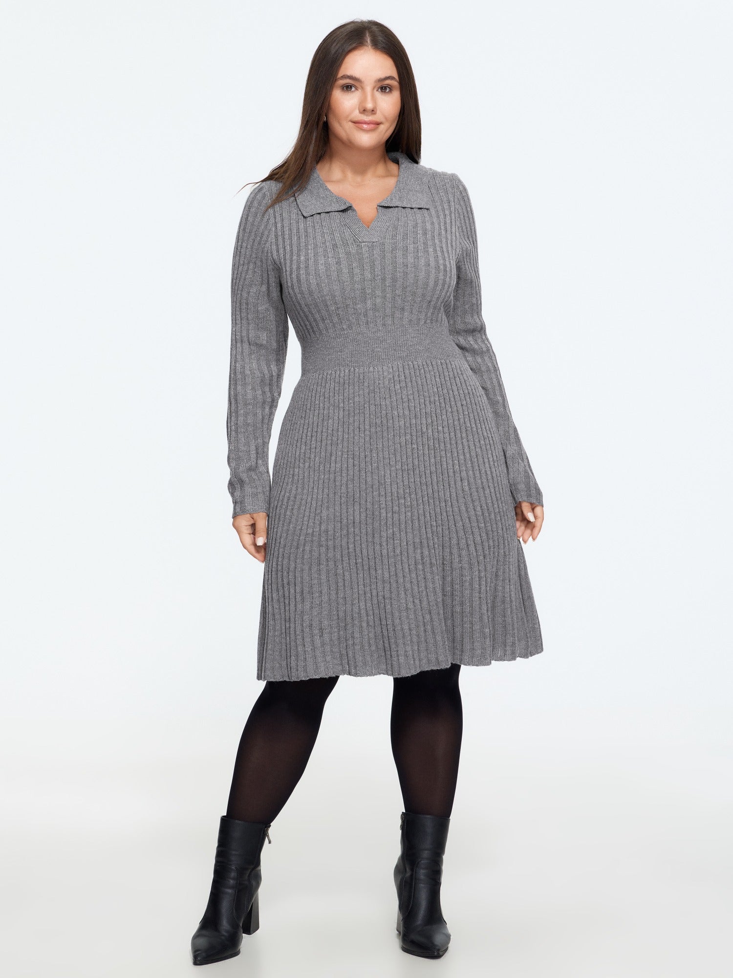 Polo Collar Ribbed Knit Sweater Dress