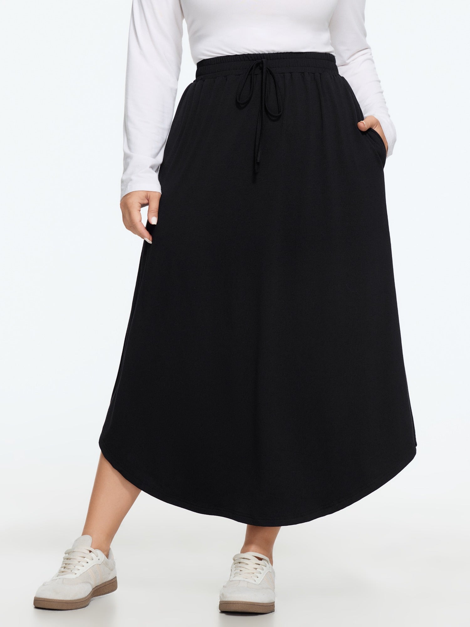 Supersoft Arc Hem Drawstring Elastic Waist Midi Skirt
