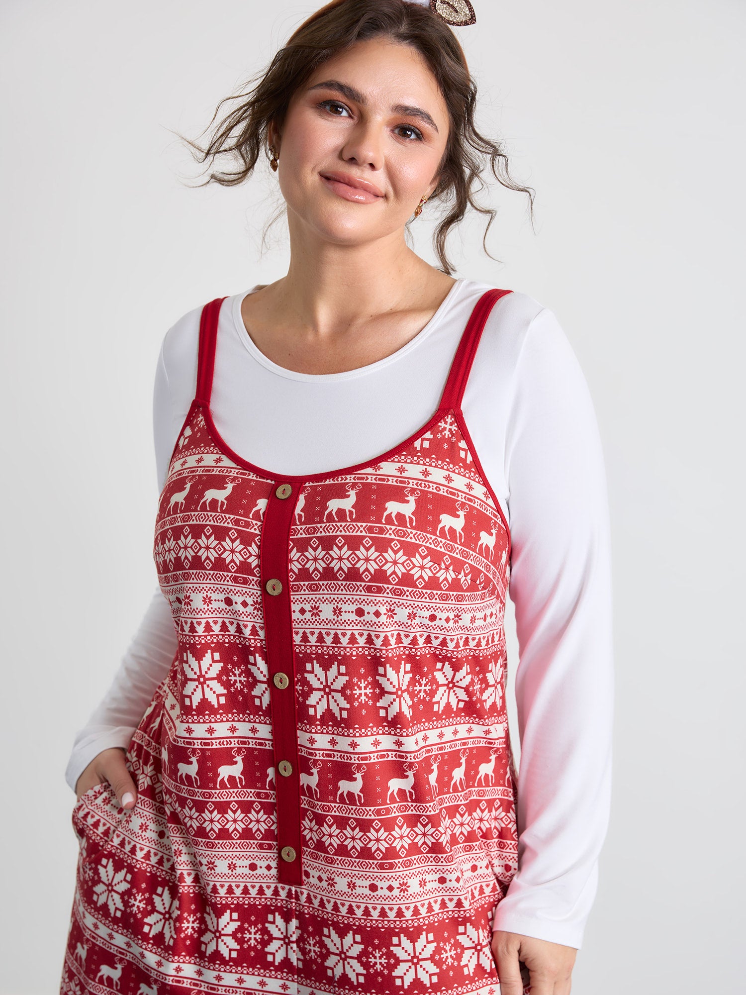 Holiday Print Placket Button Lounge Jumpsuit