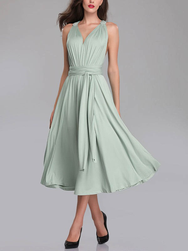 Sexy A-Line V-Neck Backless Tea-Length Bridesmaid Dresses
