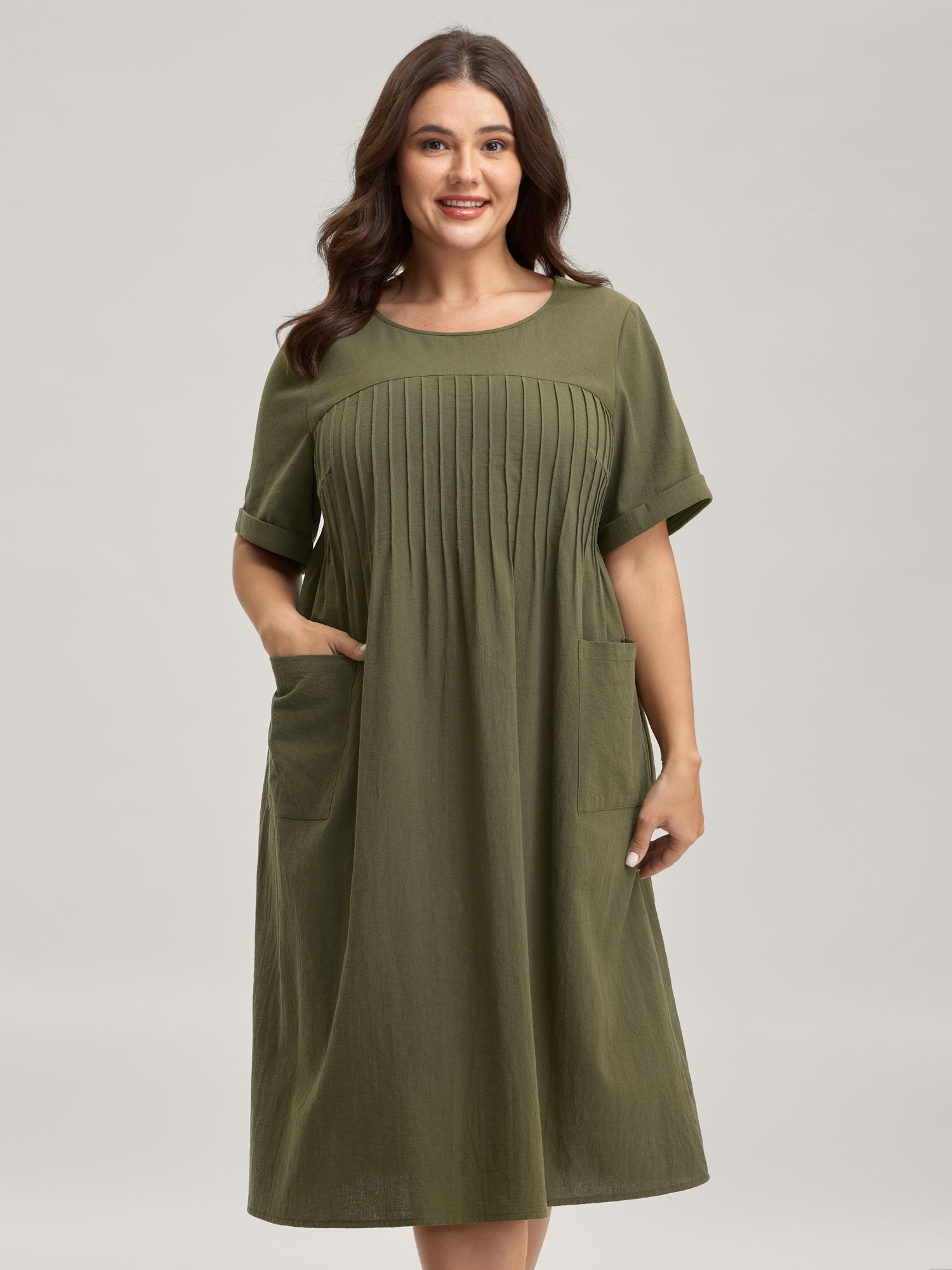 Pure Cotton Pin-Tuck Pleats Midi Dress