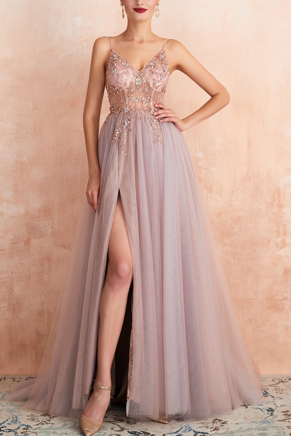 Long Pink Prom Dress with Spaghetti Straps and Slit